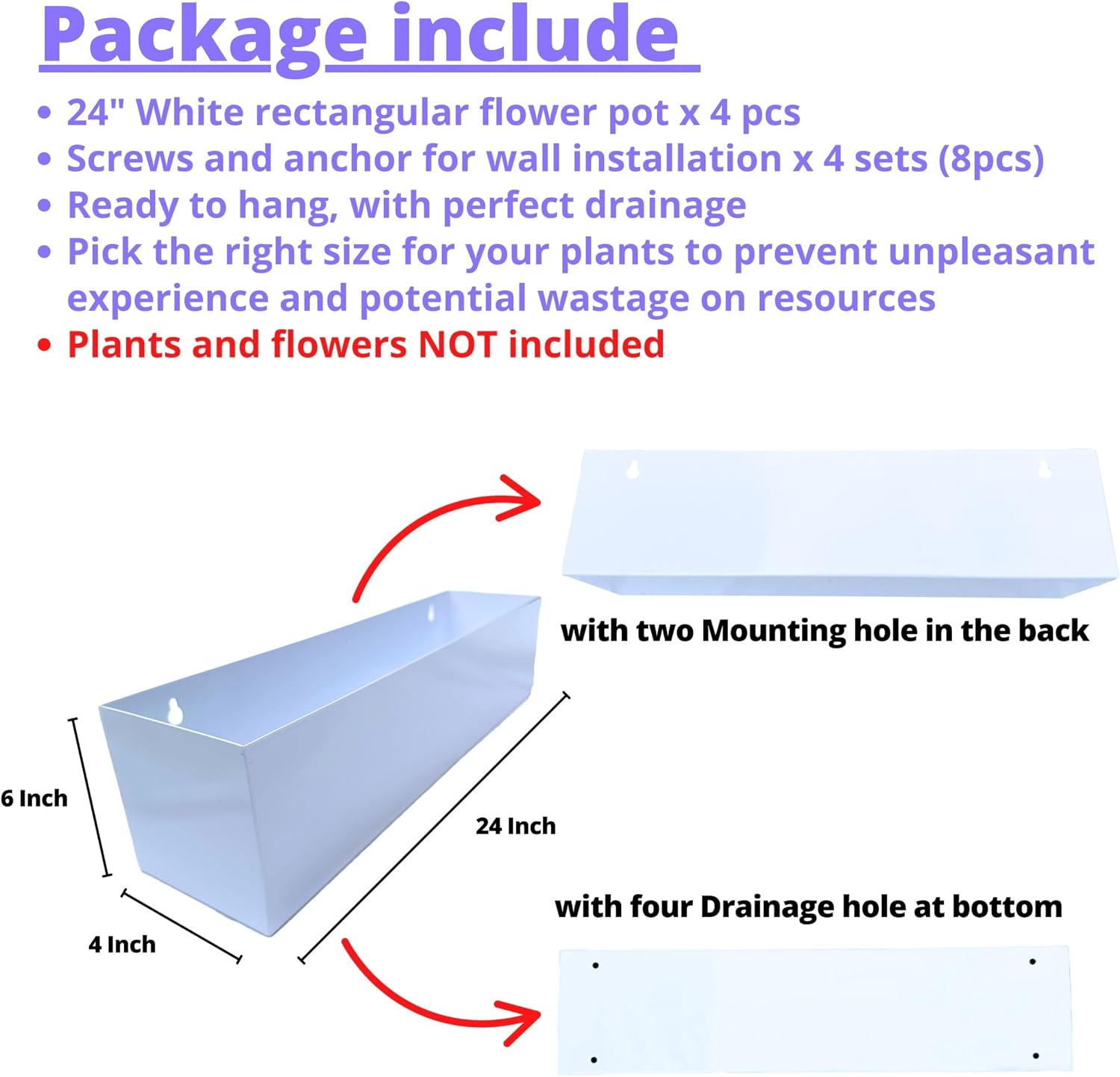 LaLaGreen Wall Planters Carbon Steel Metal Hanging Flower Pots / 24 x 4 / 24" x / White / Set of 4