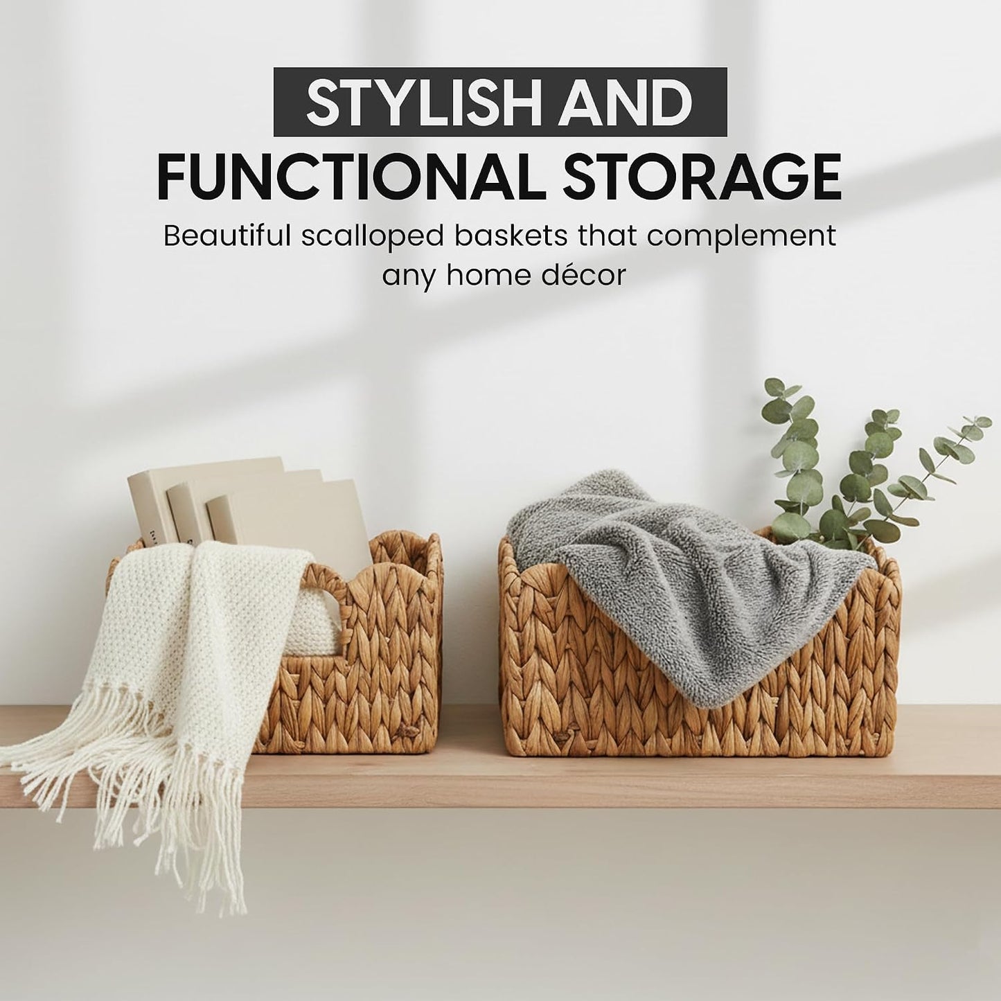 Scalloped Basket Set Water Hyacinth Wicker Storage Baskets for Nursery & Kids Books / Natural