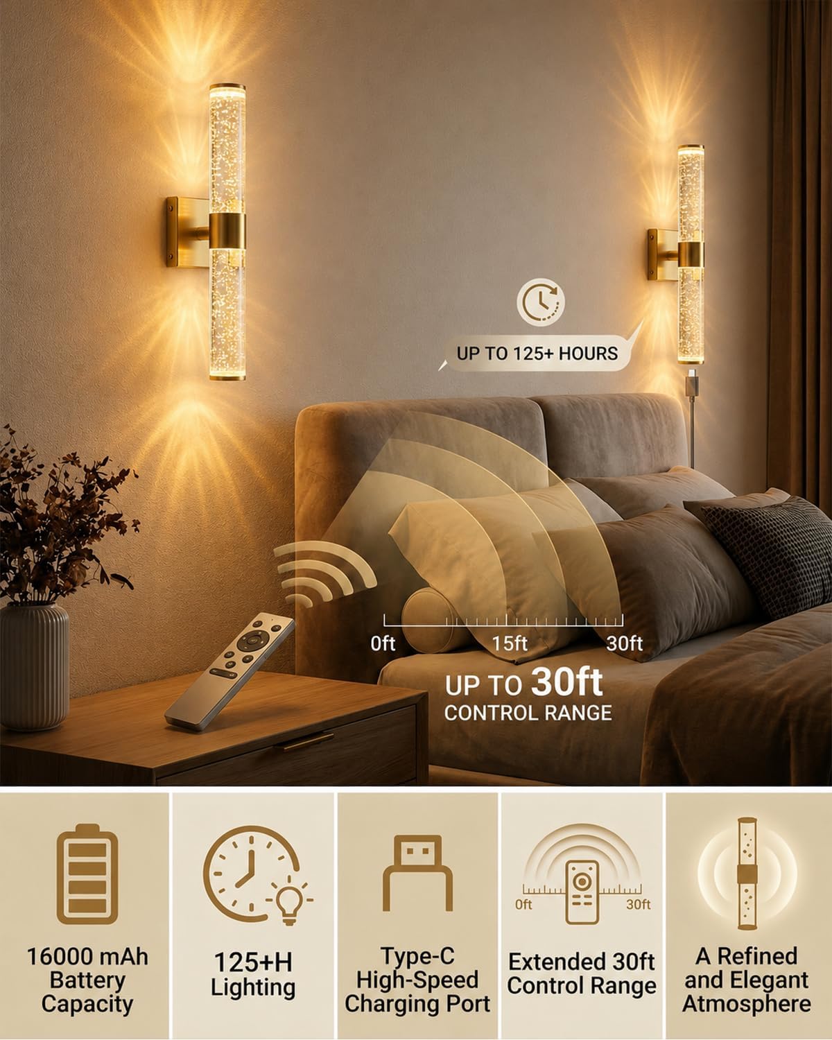 Wall Sconces Set of Two, Wireless & Rechargeable Wall Lights-Gold | 16000mAh Long-Lasting Battery，Screw-Mounted, 30ft