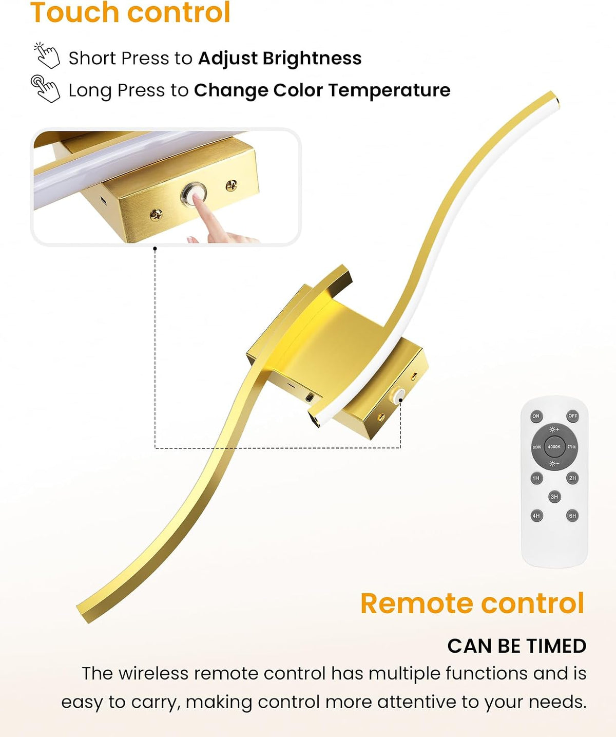 27.6 Inch Battery Operated Wall Sconce Set of 2, Gold Modern Rechargeable Wall Lights with Remote, 3CCT Dimmable