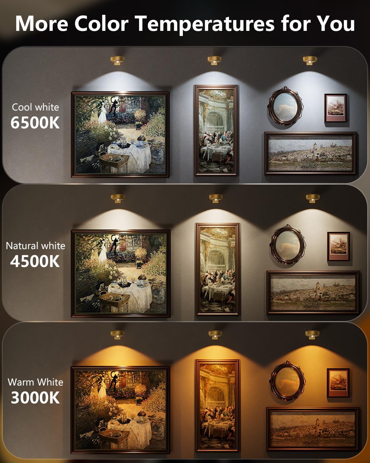 3.3" Picture Lights for Wall Spotlight, 2000mAh Rechargeable, 3Pack, Gold | RGB & 3-Color-Temp丨Remote & Touch