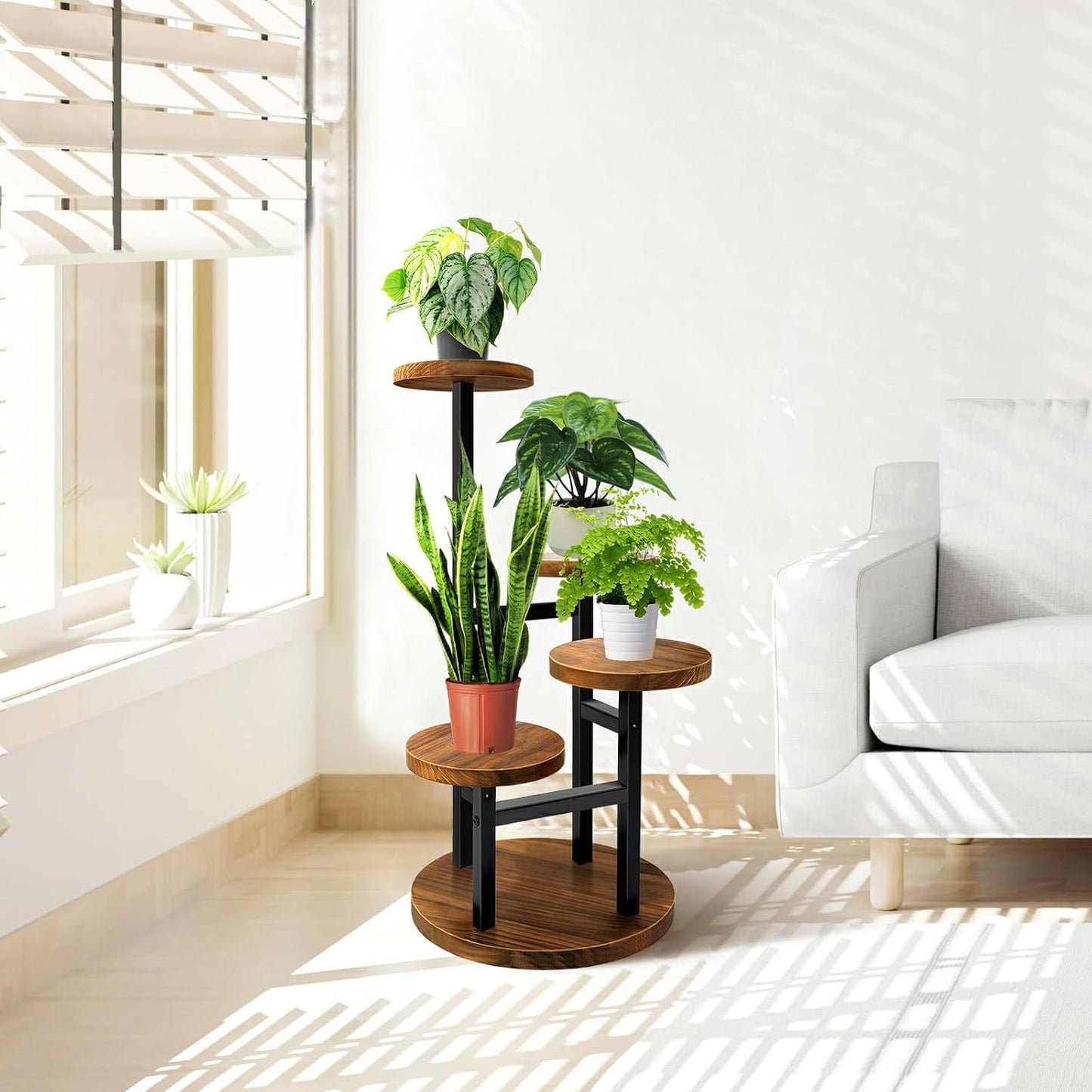 AUGOSTA 4 Tier Corner Plant Stand, Tall Metal Wood Plant Shelf Holder for Indoor, Outdoor Display Rack Flower Pot Stand