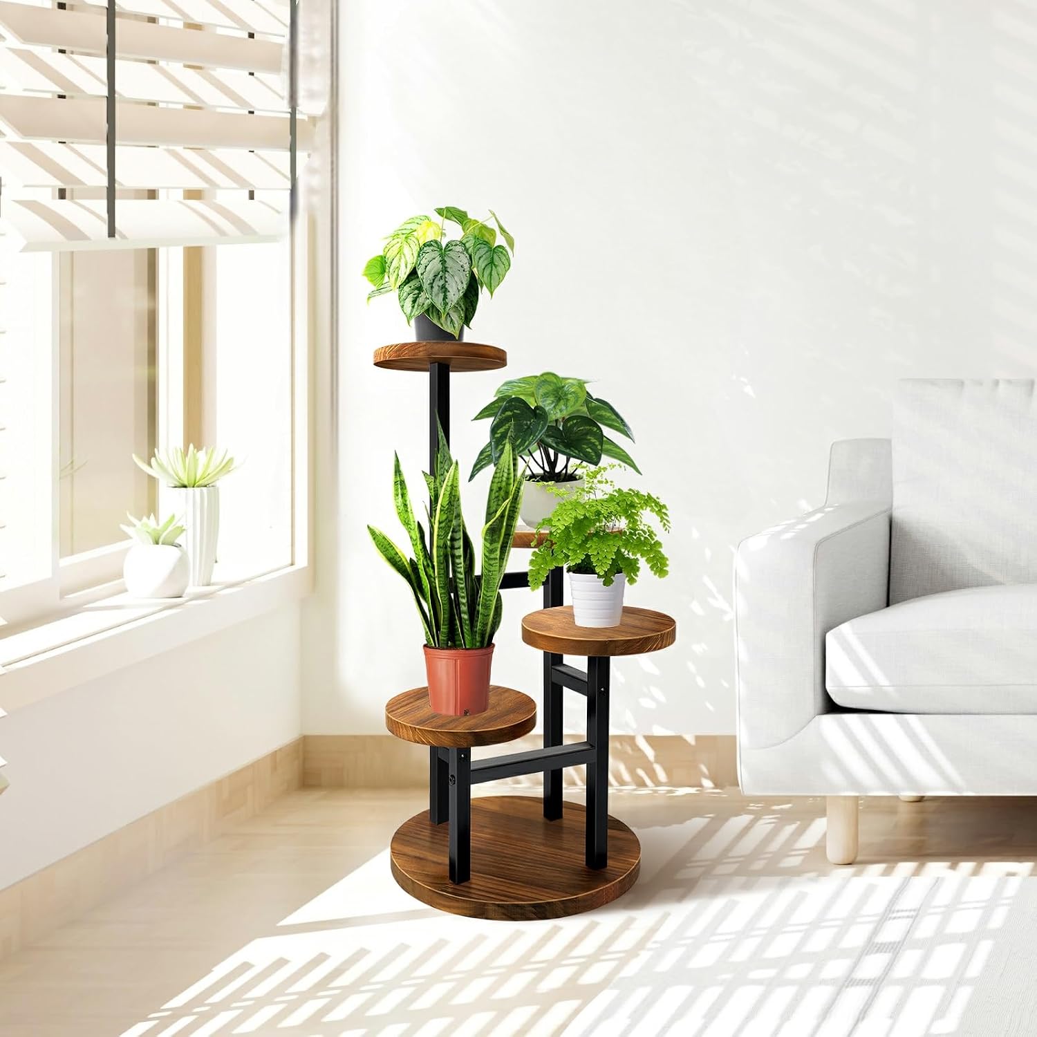 AUGOSTA 4 Tier Corner Plant Stand, Tall Metal Wood Plant Shelf Holder for Indoor, Outdoor Display Rack Flower Pot Stand