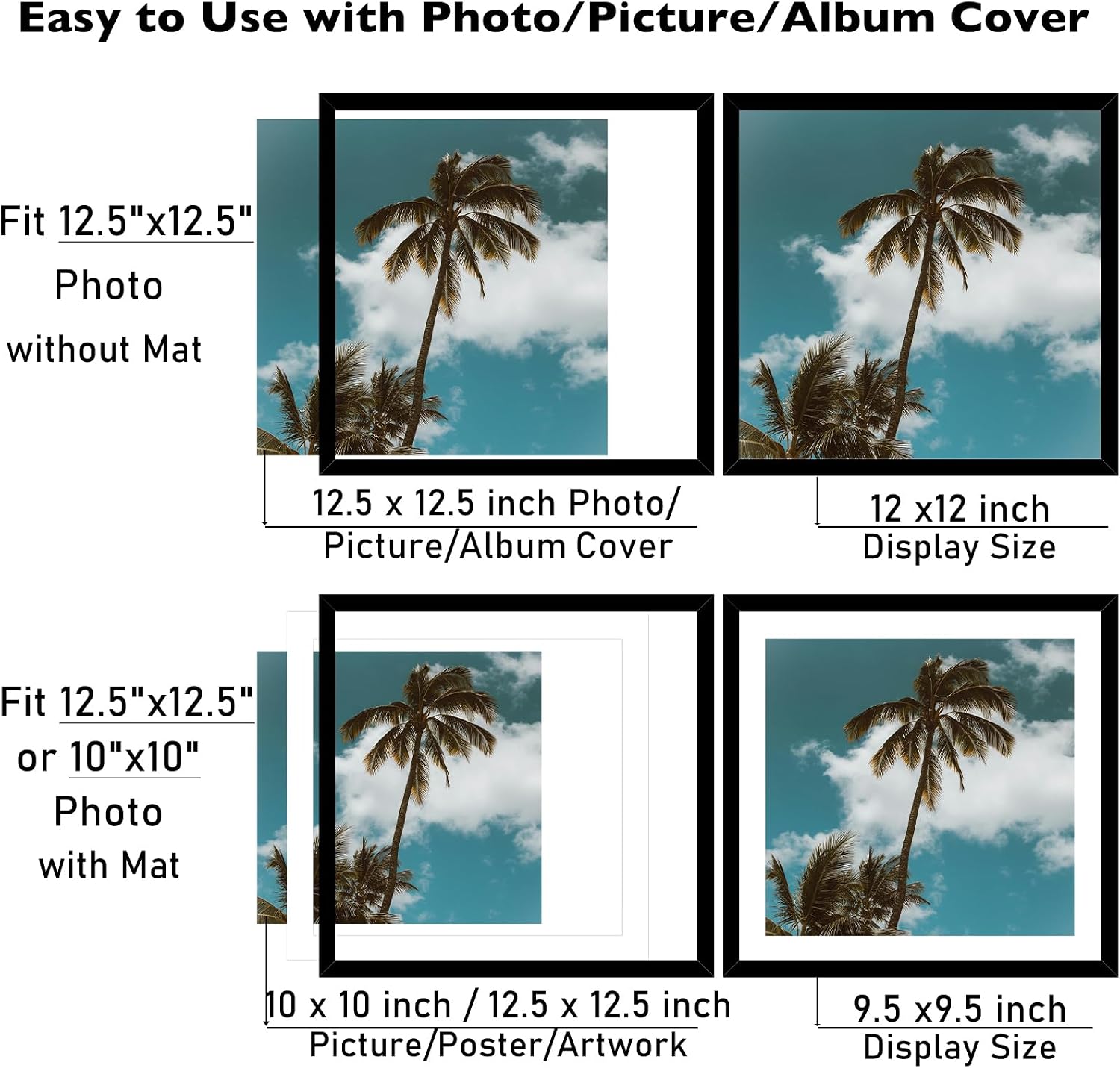 JCJMY 4 Pack 12.5x12.5 Record Frame with 10x10 Mat for Vinyl Record Album Cover Poster, Display Picture 10x10 with Mat