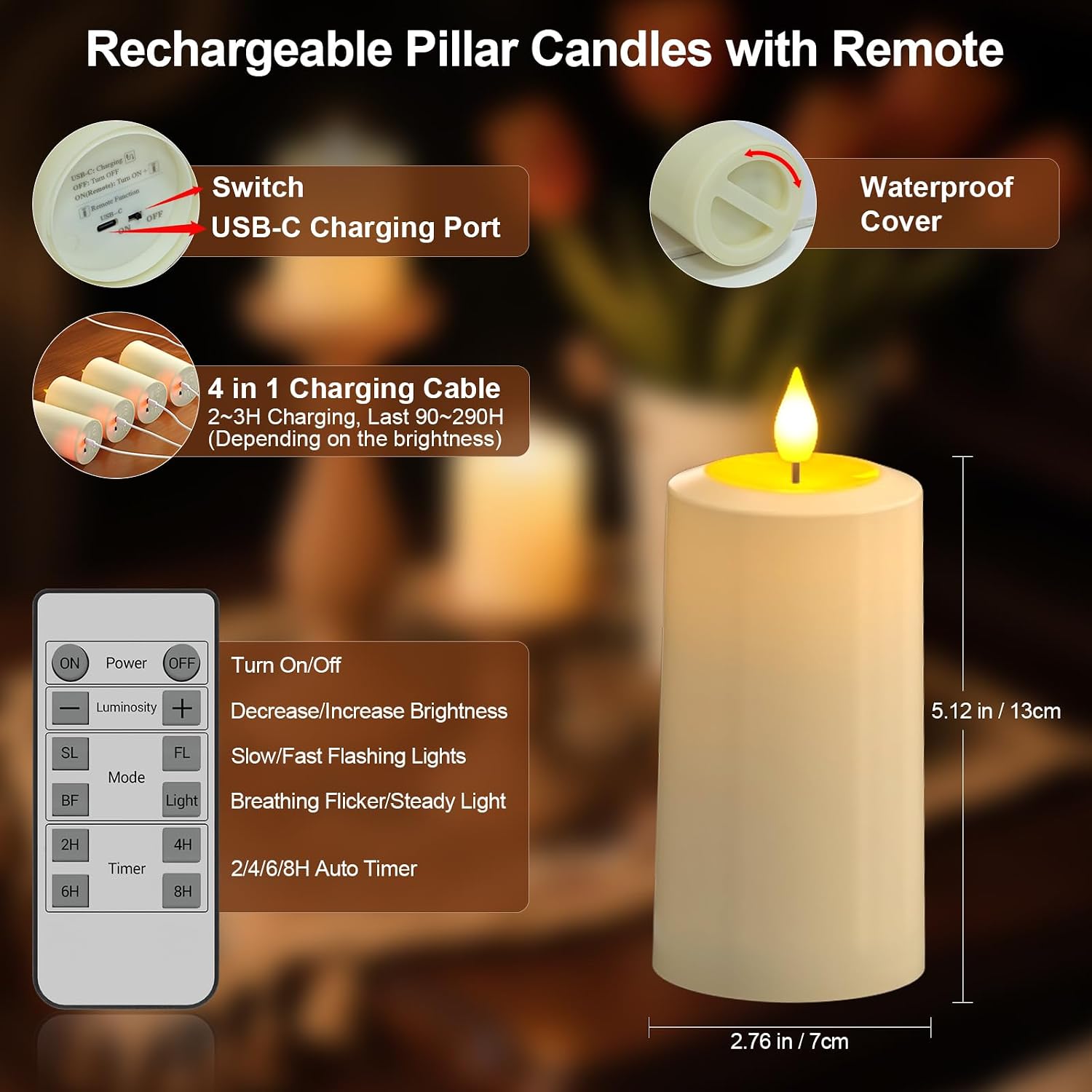 PChero Rechargeable Flameless Pillar Candles with Remote, 4 Pcs, 5.1"x2.7" | Outdoor Candles with Timer Waterproof, Up