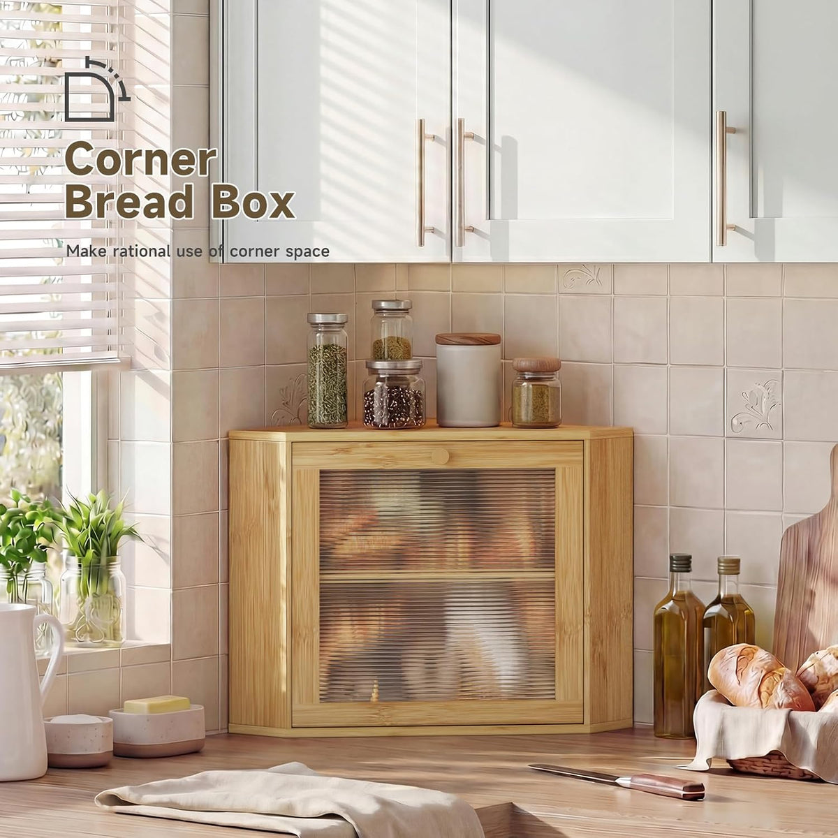 Bread Box for Kitchen Corner Countertop,Large Bread Basket (Natural,Large) | Double Layer Bamboo Bread Storage