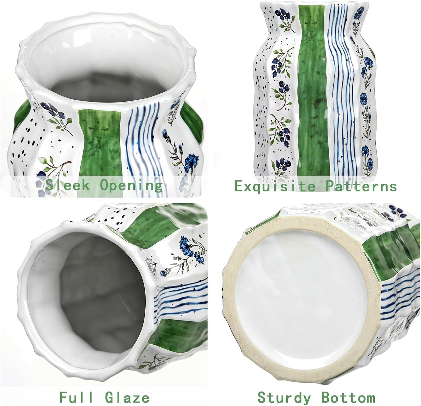 Blue Ceramic Vase / Green / 7.8 Inch