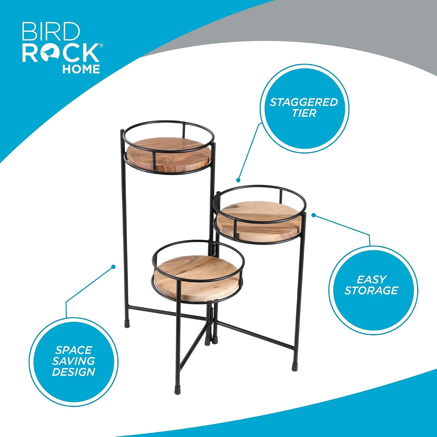 BIRDROCK HOME 3-Tier Plant Stand - Acacia Wood Plant Holder - Adjustable Collapsible Design - Display Shelves for Pots