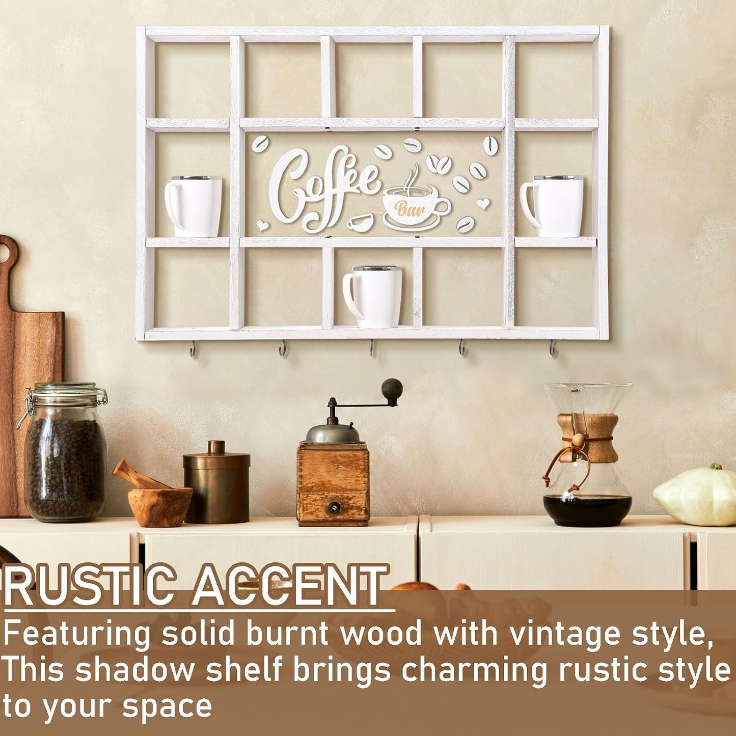 Cinnvoice Oversize Coffee Mug Display Shelf for Wall, Old White | Wood Coffee Mug Rack, Wall Mounted Shelf, Cubes Cup