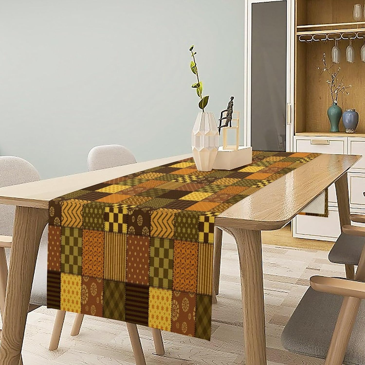 Vintage Patchwork Table Runner Abstract Geometric Pattern Splicing Design Pattern Printed Linen Table Runner for Home