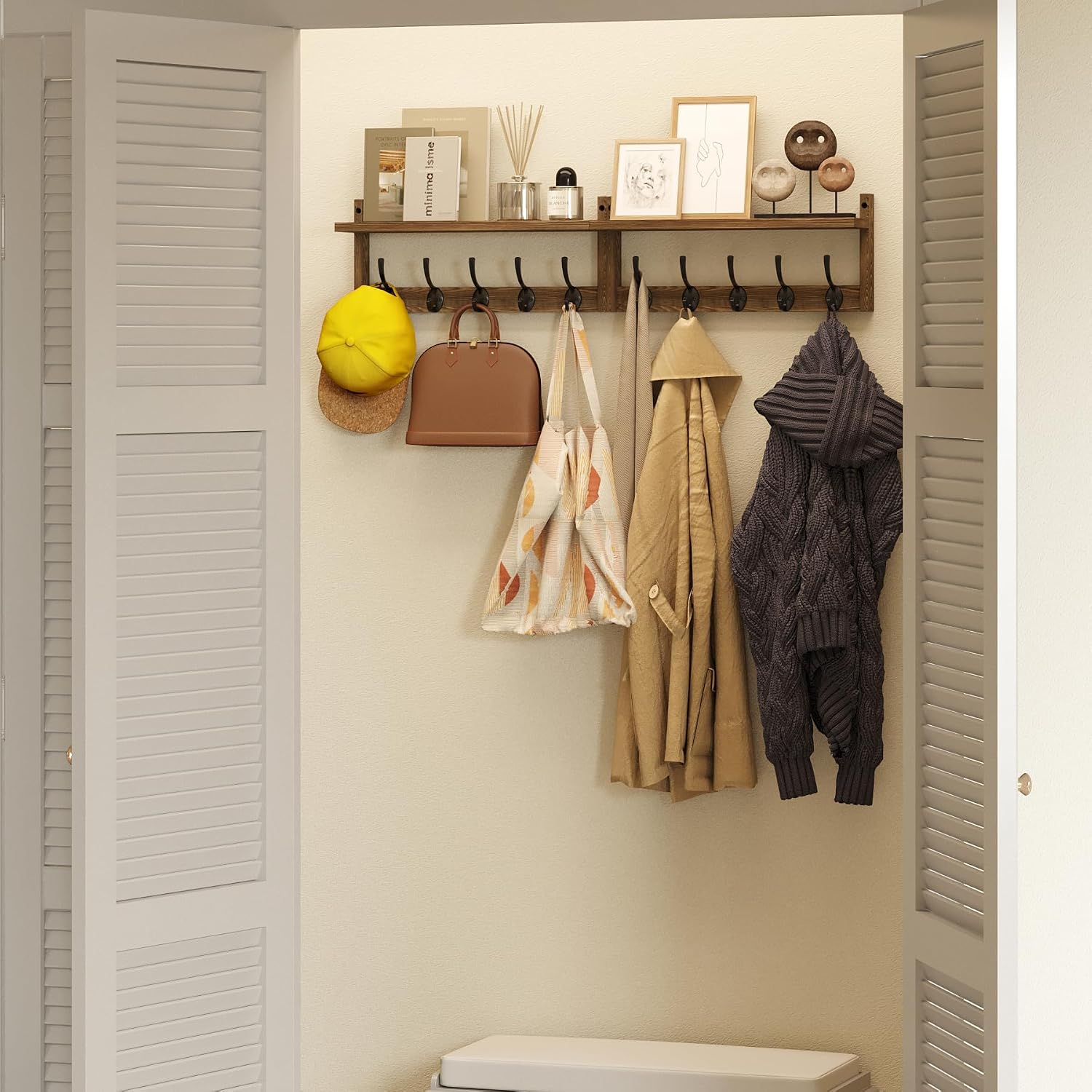 AMBIRD 34.2 inch Wooden Extra-Long Wall Hook Rack with Shelf - Versatile and Decorative Wall-Mounted Storage - 10 Hooks