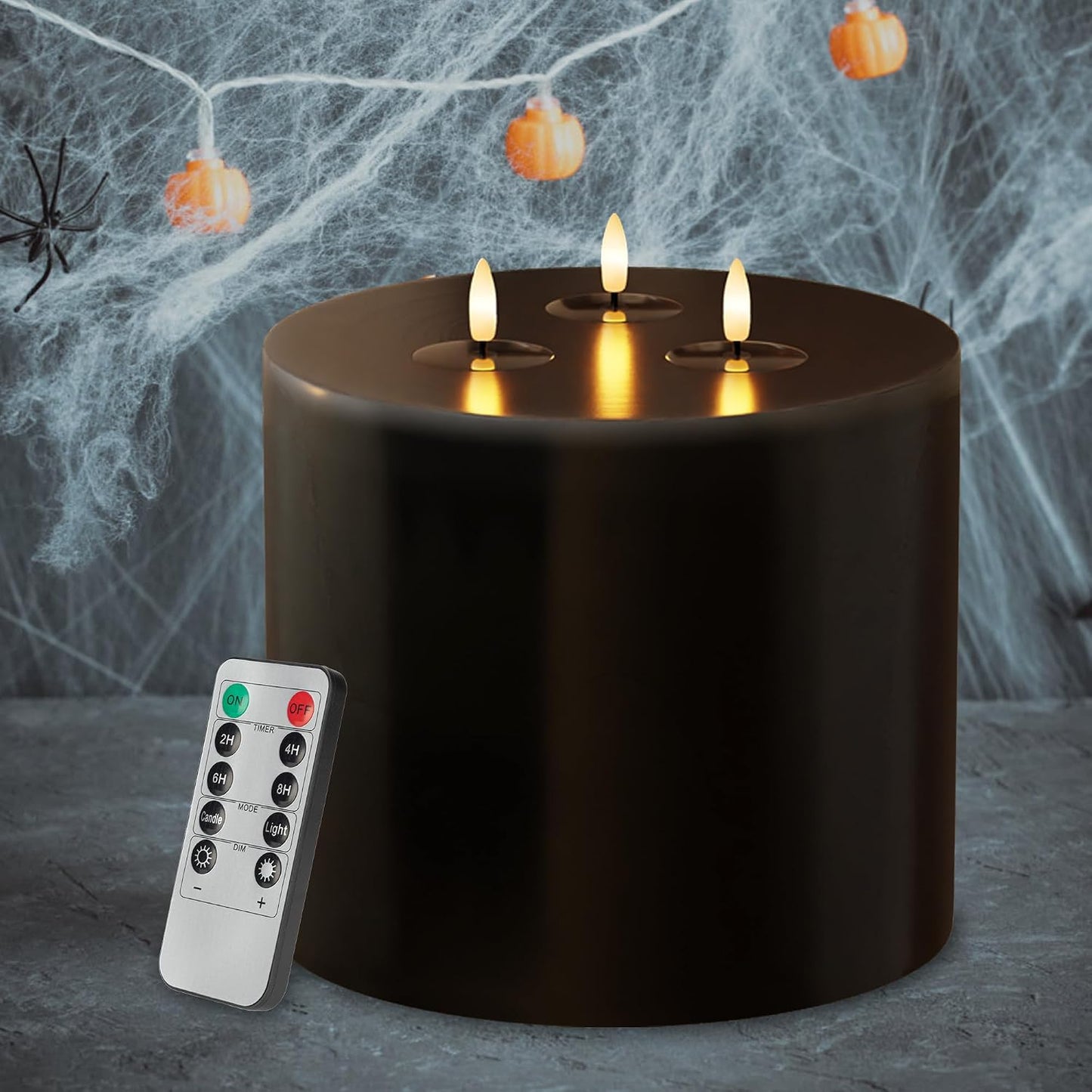 Extra Large Black Flameless Candles with 3 Wicks, 6"x6" Real Wax Halloween Candles with Remote, Battery Operated Candle