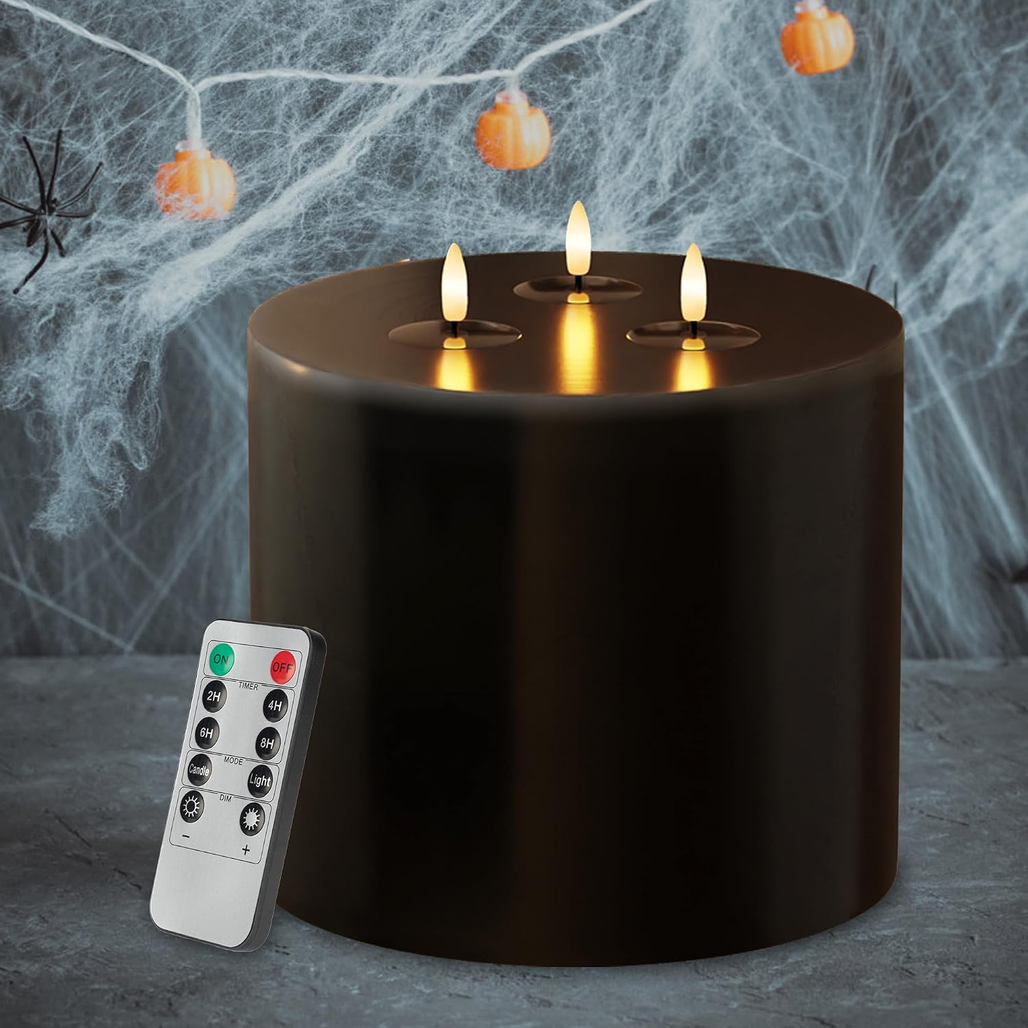 Extra Large Black Flameless Candles with 3 Wicks, 6"x6" Real Wax Halloween Candles with Remote, Battery Operated Candle