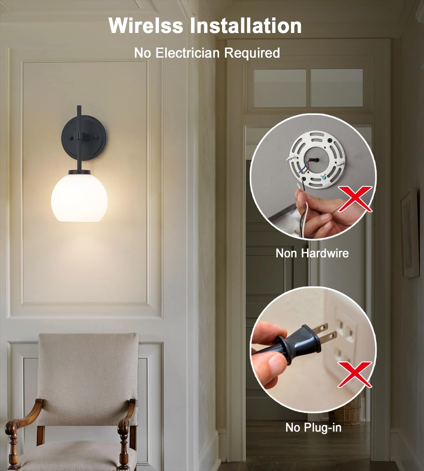 Black Wireless Rechargeable Wall Sconces with Remote Control, Battery Operated Wall Sconce Set of 2, LED Dimmable Wall