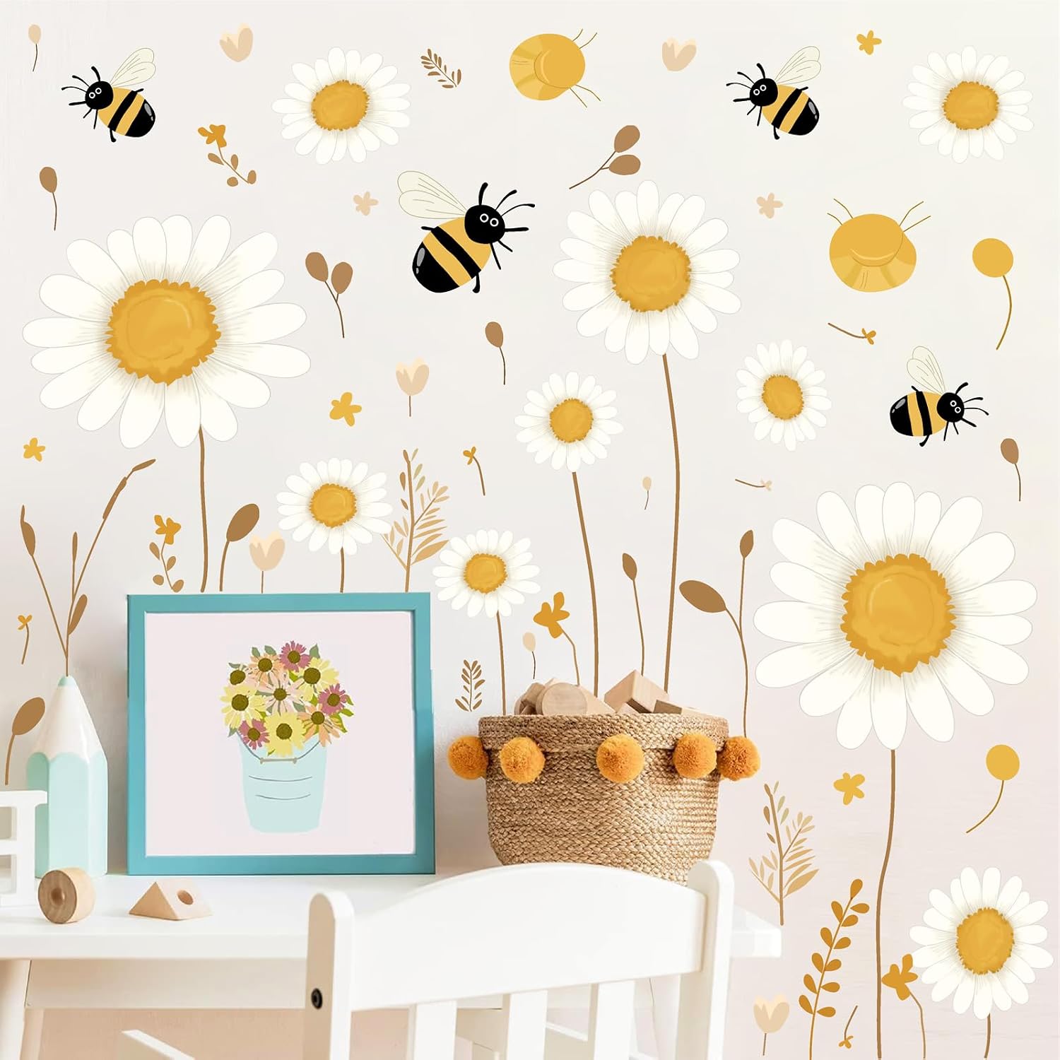 Daisy Floral Wall Stickers Boho Daisy Flower Vinyl Wall Decor for Baby Kids Bedroom / White&yellow