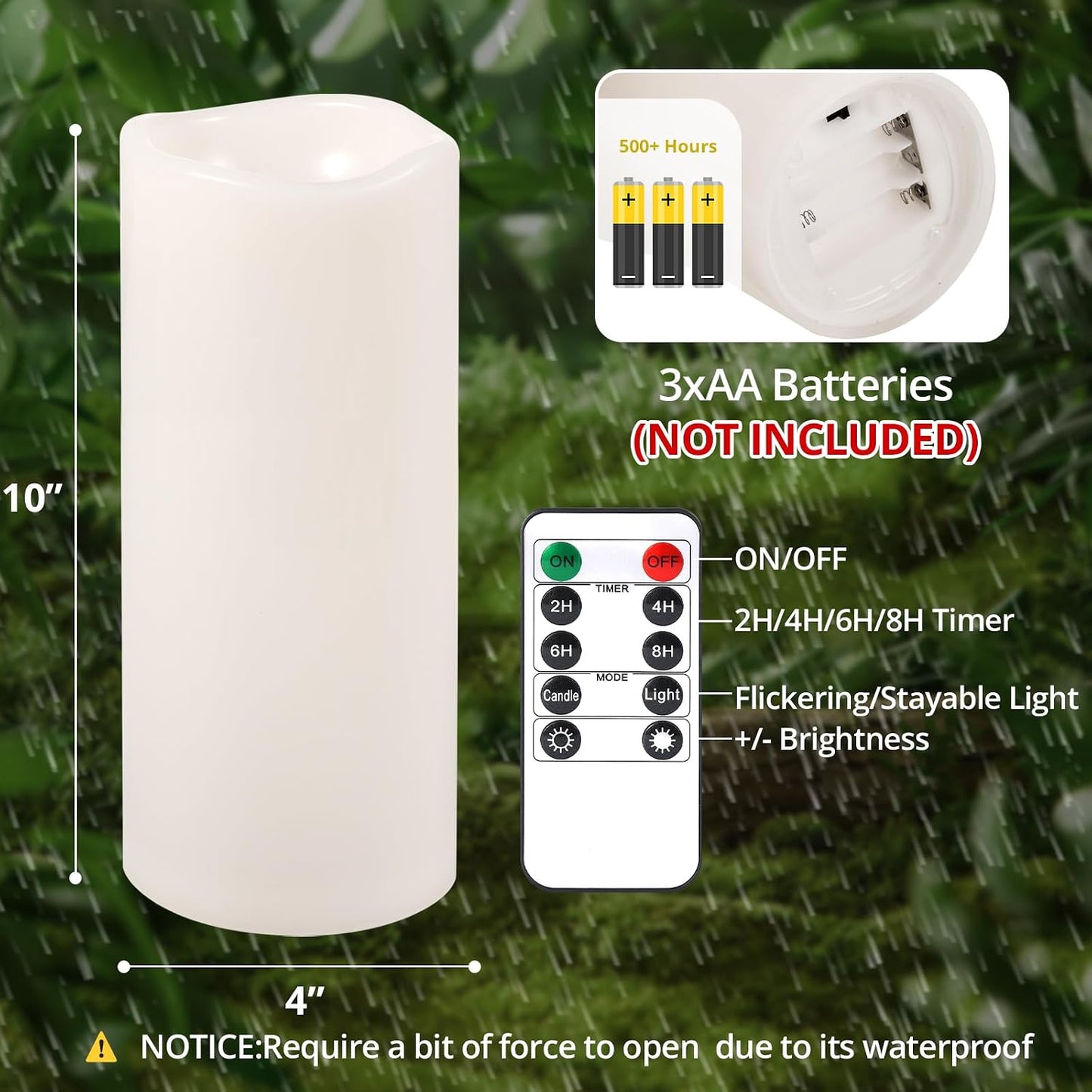 NURADA Large Outdoor Flameless Candles 10" x 4" - Waterproof LED Pillar Flickering Candle Battery Operated with Timer