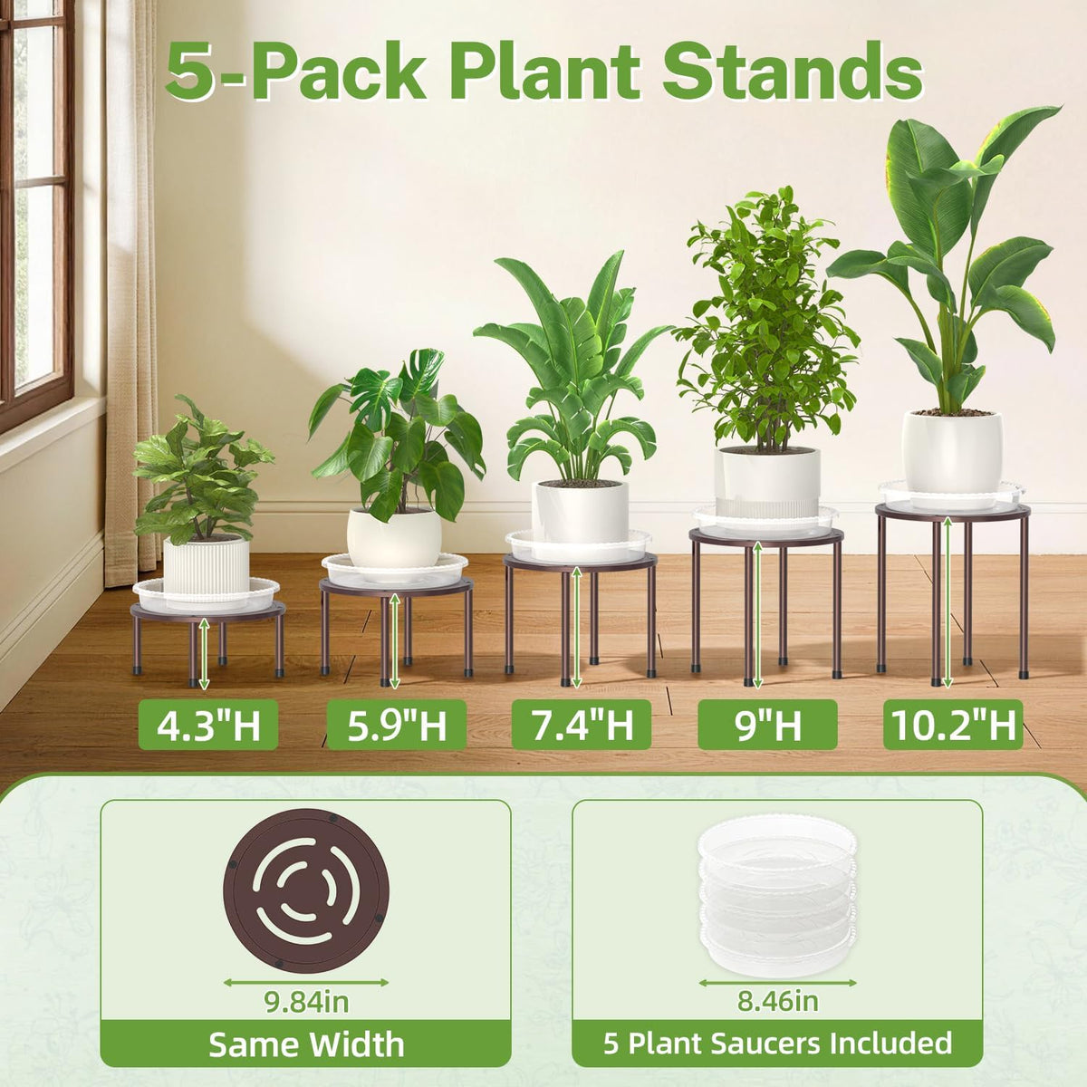 iDavosic.ly 5-Pack Metal Plant Stands with 5 Plant Saucer Tray, 10'' Bronze | Flower Pot Holder, Heavy Duty Iron Stool