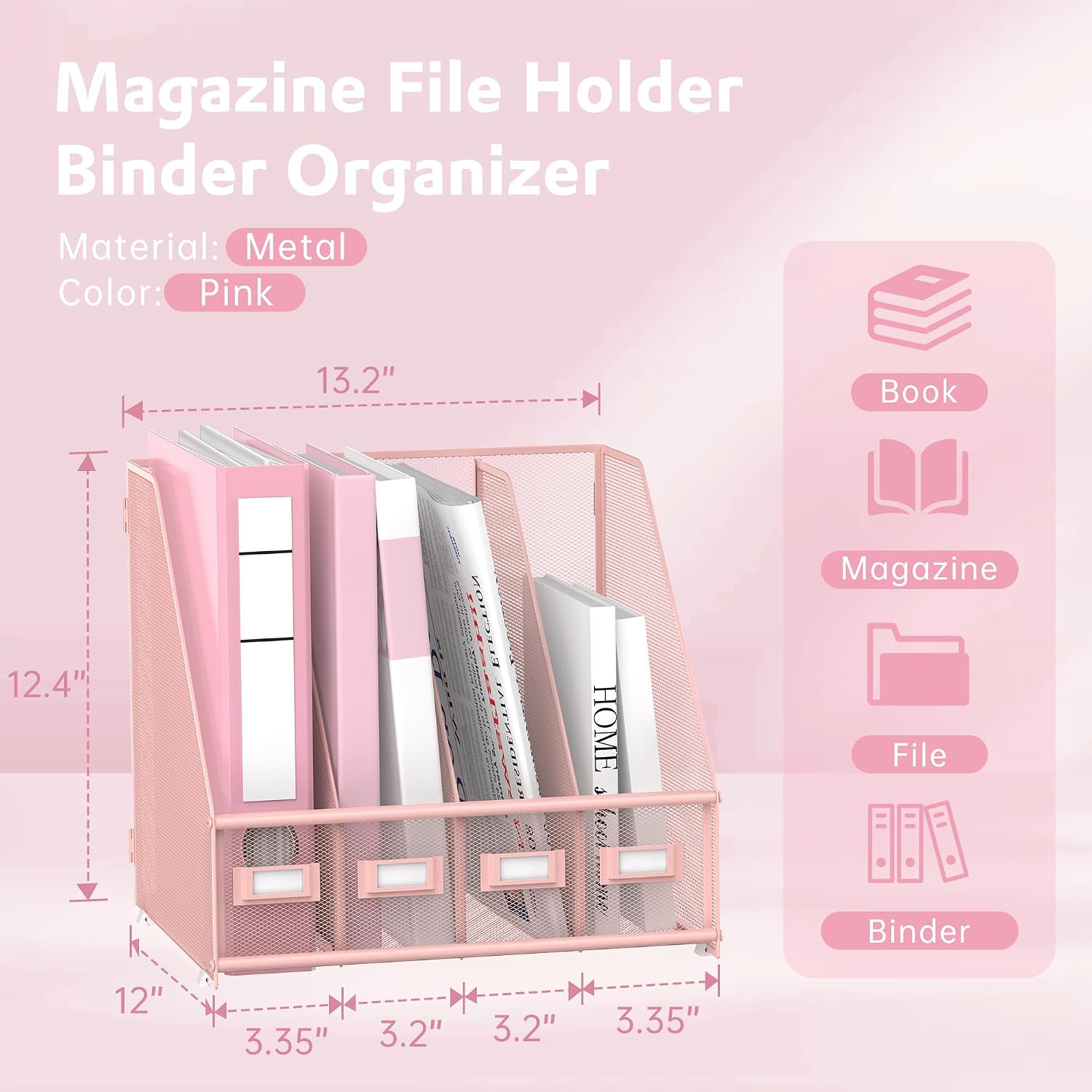 4-Compartment Magazine File Holder and File Organizer for Desk, Pink | Metal Magazine Holder and Magazine File Holder
