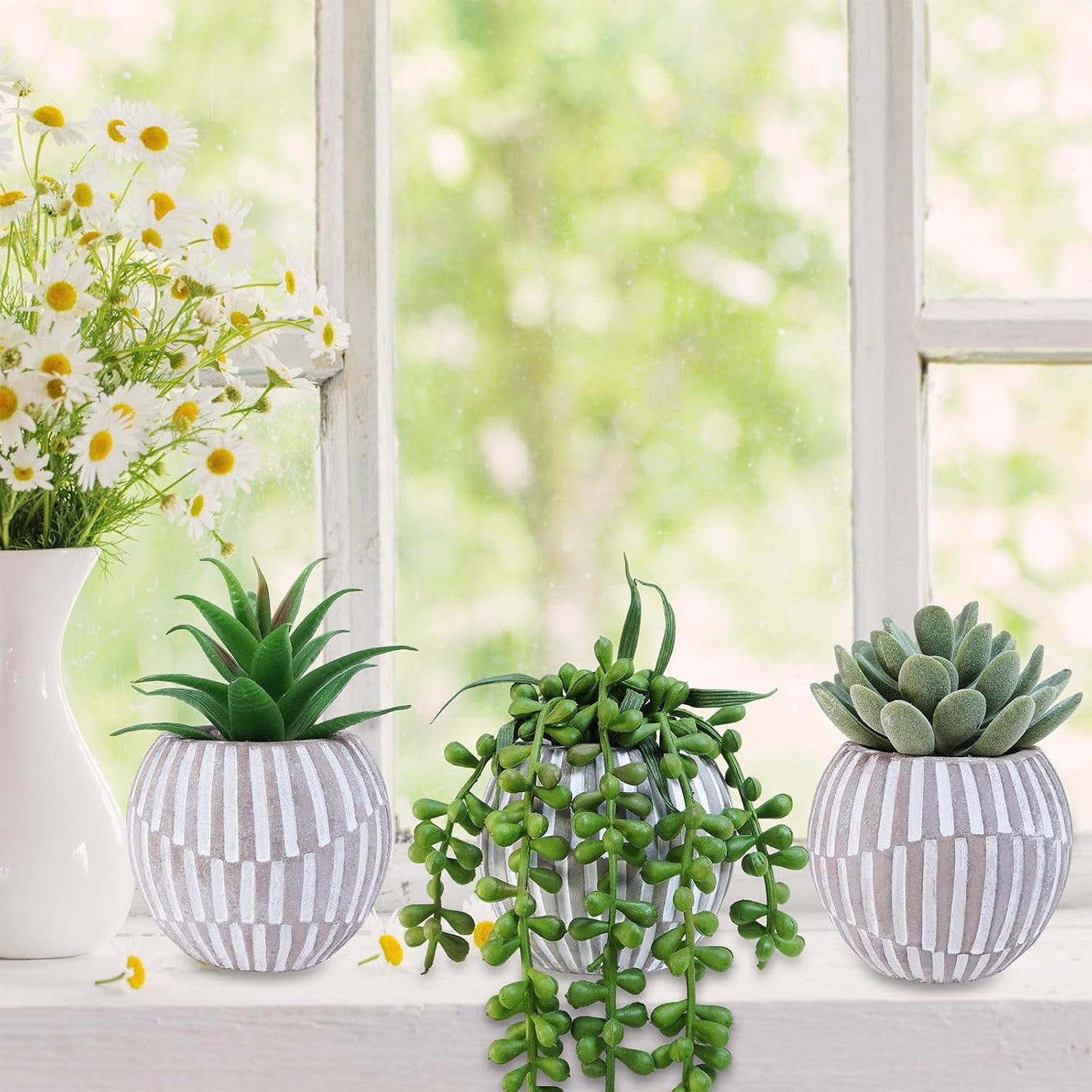 Artificial Succulent Plants in Geometric Concrete Pots Fake Aloe Echeveria String / Gray / Set of 3