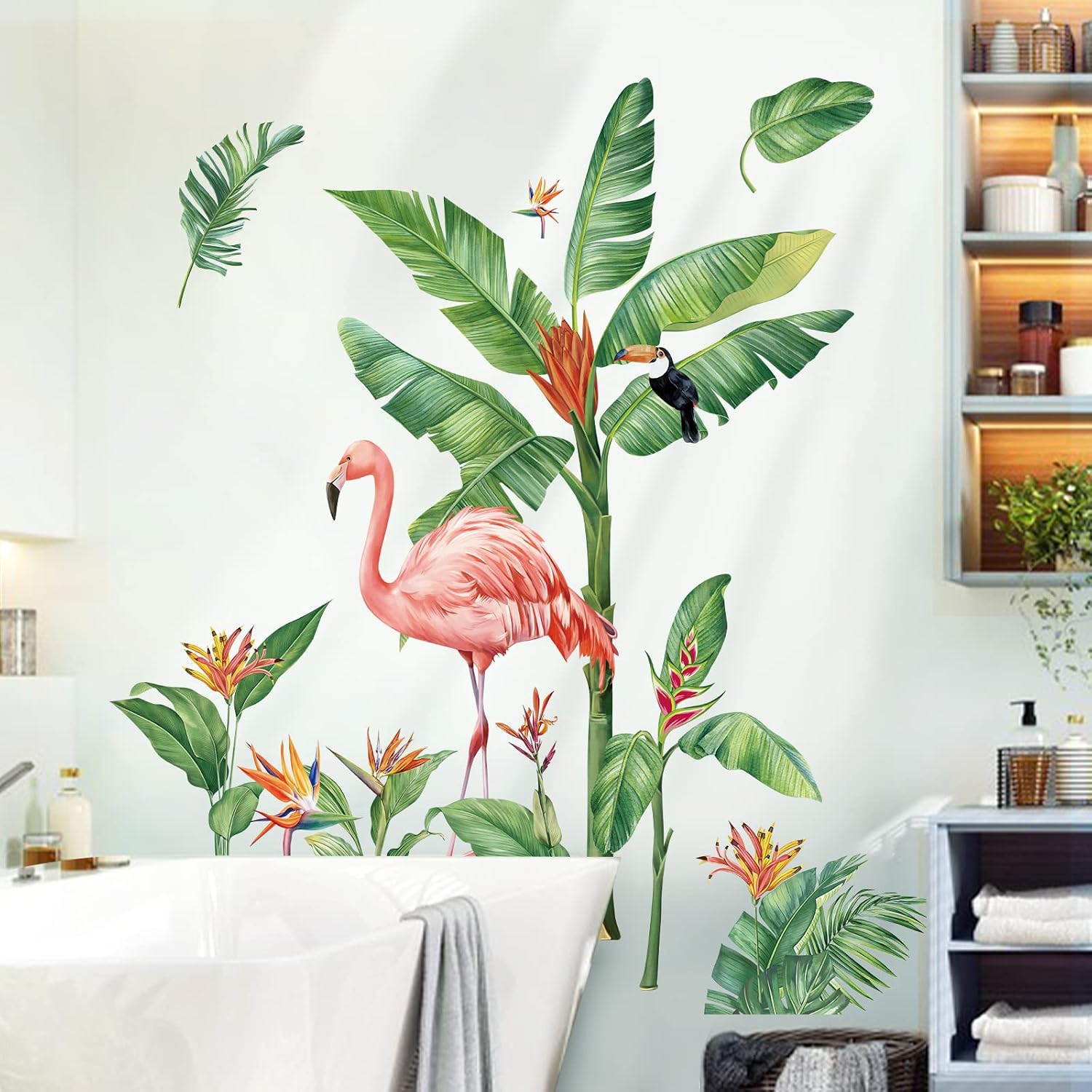 Tropical Leaves Wall Decals Flamingo Plants Wall Stickers Living Room Bedroom Sofa TV / B / Green