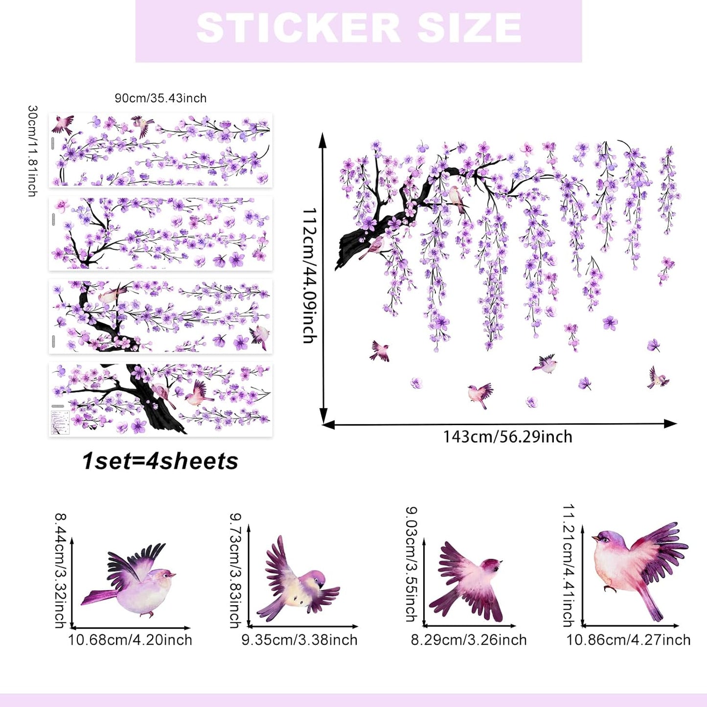 Cherry Blossom Branch Wall Stickers Large Right-Extending Floral Bird Wall Decals Peel / Purple