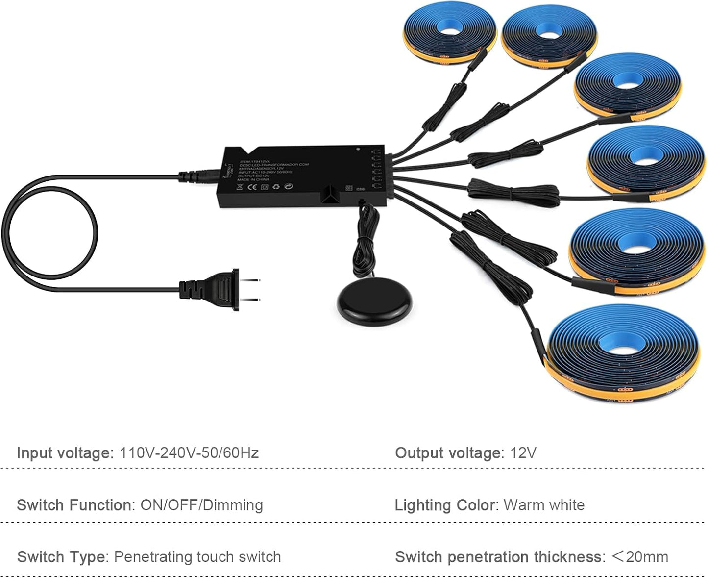AIMENGTE 12V COB LED Cabinet Lights Black Strip, 6 x 6.6ft Touch Dimmable 3000K Warm White Lighting for Parallel Wood