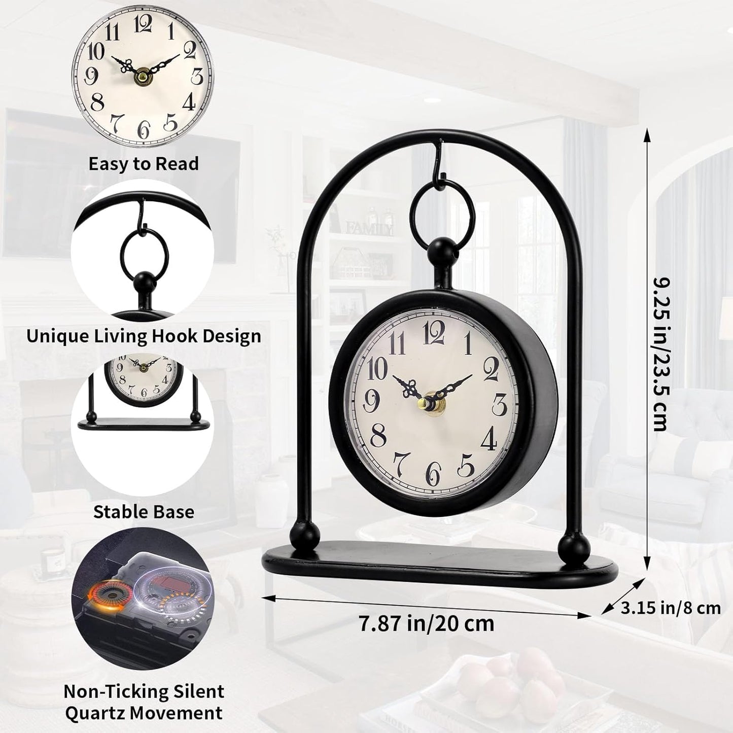 Vintage Metal Table Clock, Farmhouse Table Clock, Small Black Silent Non-Ticking Battery Operated Desk and Shelf Clocks