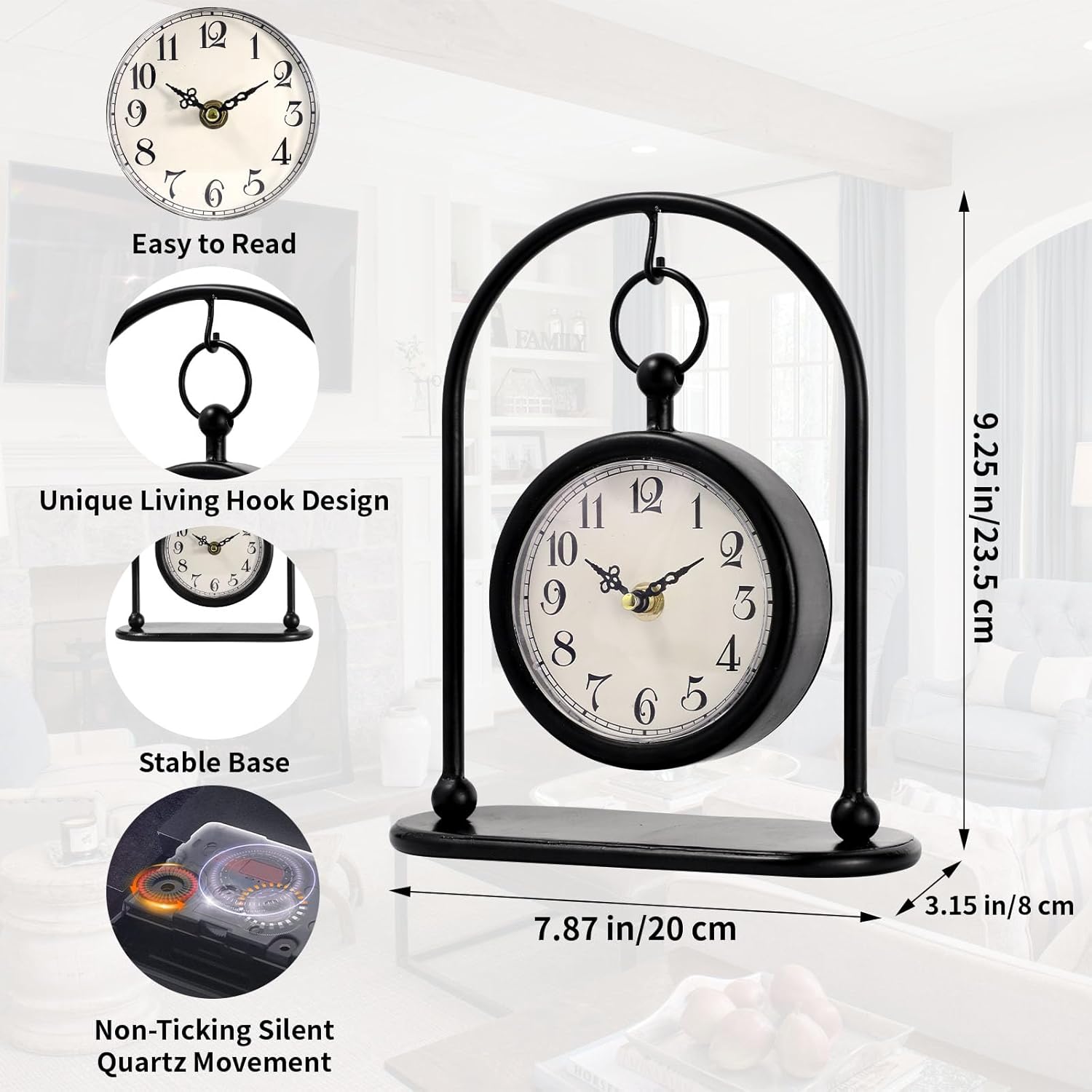 Vintage Metal Table Clock, Farmhouse Table Clock, Small Black Silent Non-Ticking Battery Operated Desk and Shelf Clocks