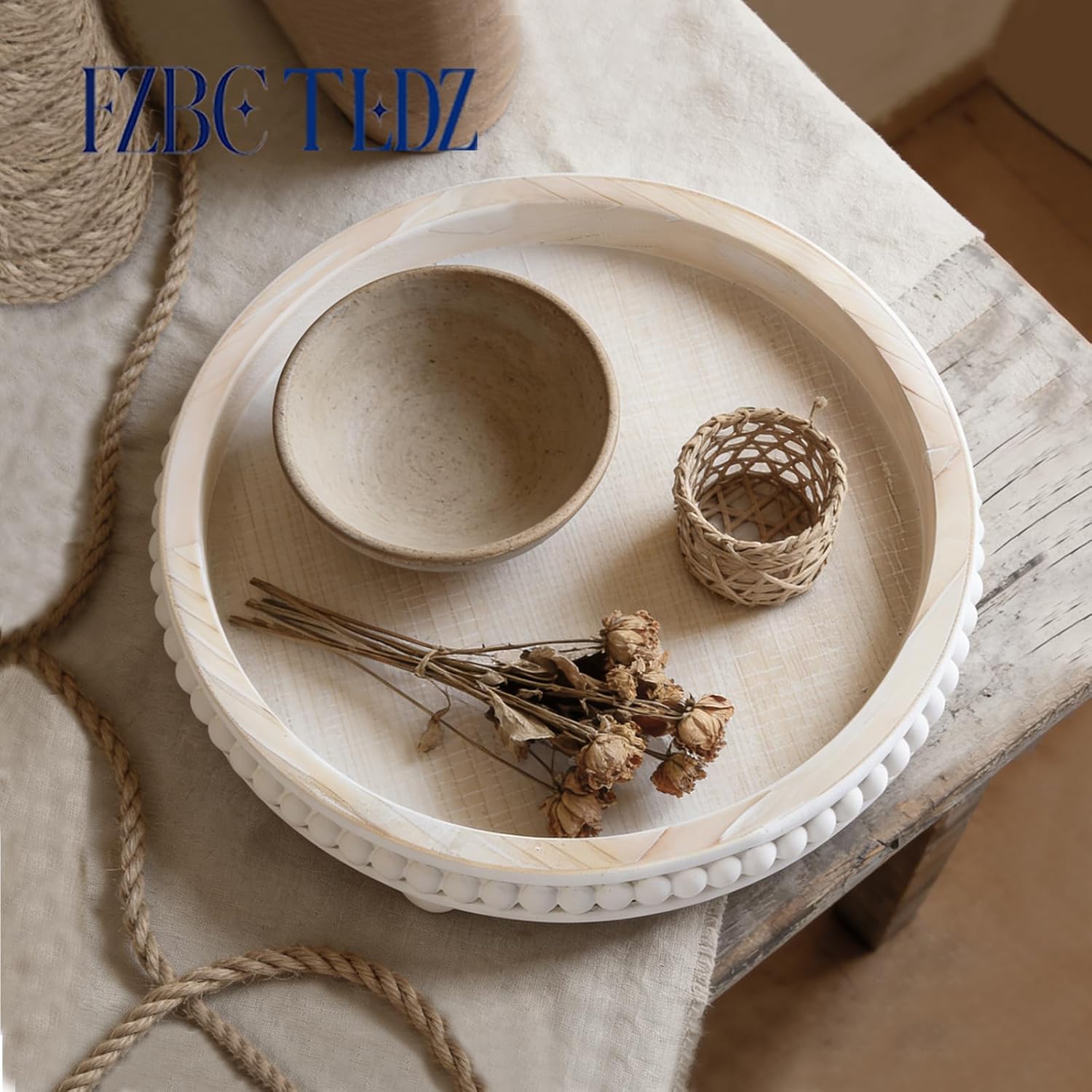 Washed Wooden Beaded Tray / White / Round / 12 Inch