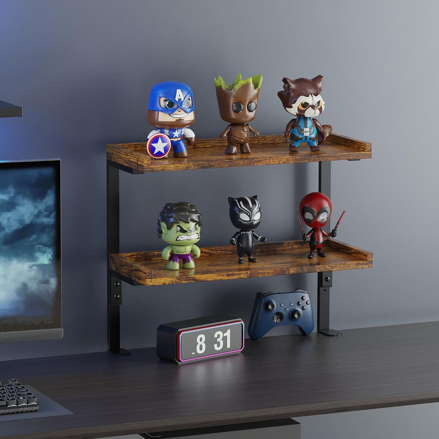 Clamp On Desk Shelf 2-Tier, 16.5 in Wood Shelving Unit for Office Desk/Gaming Accessories, Tabletop Book Storage Rack