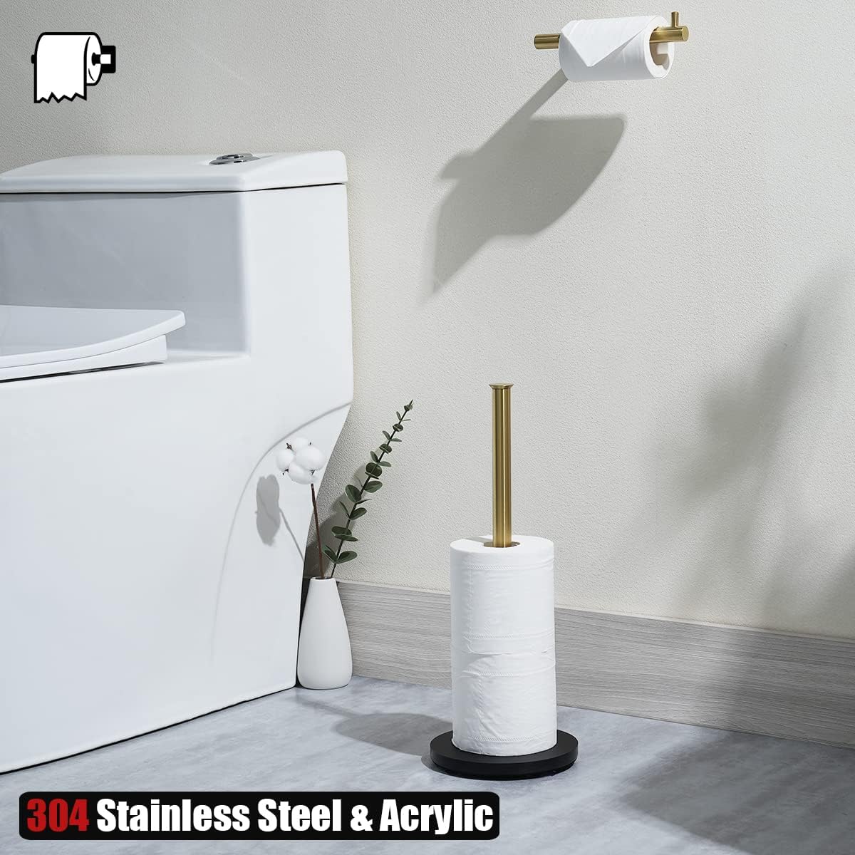 JQK Toilet Paper Storage Stand Gold, 304 Stainless Steel Thicken 0.8mm Tissue Reserve Holder Dispenser for Bathroom