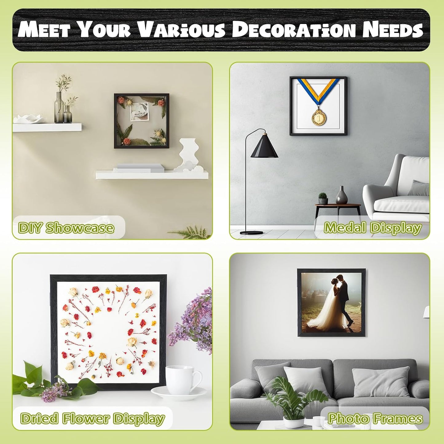 2PACK T Shirt Display Frame, 11.3" X 11.3" Black Imitation Wood Shadow Box | UV-Protective Acrylic, 1" Depth for