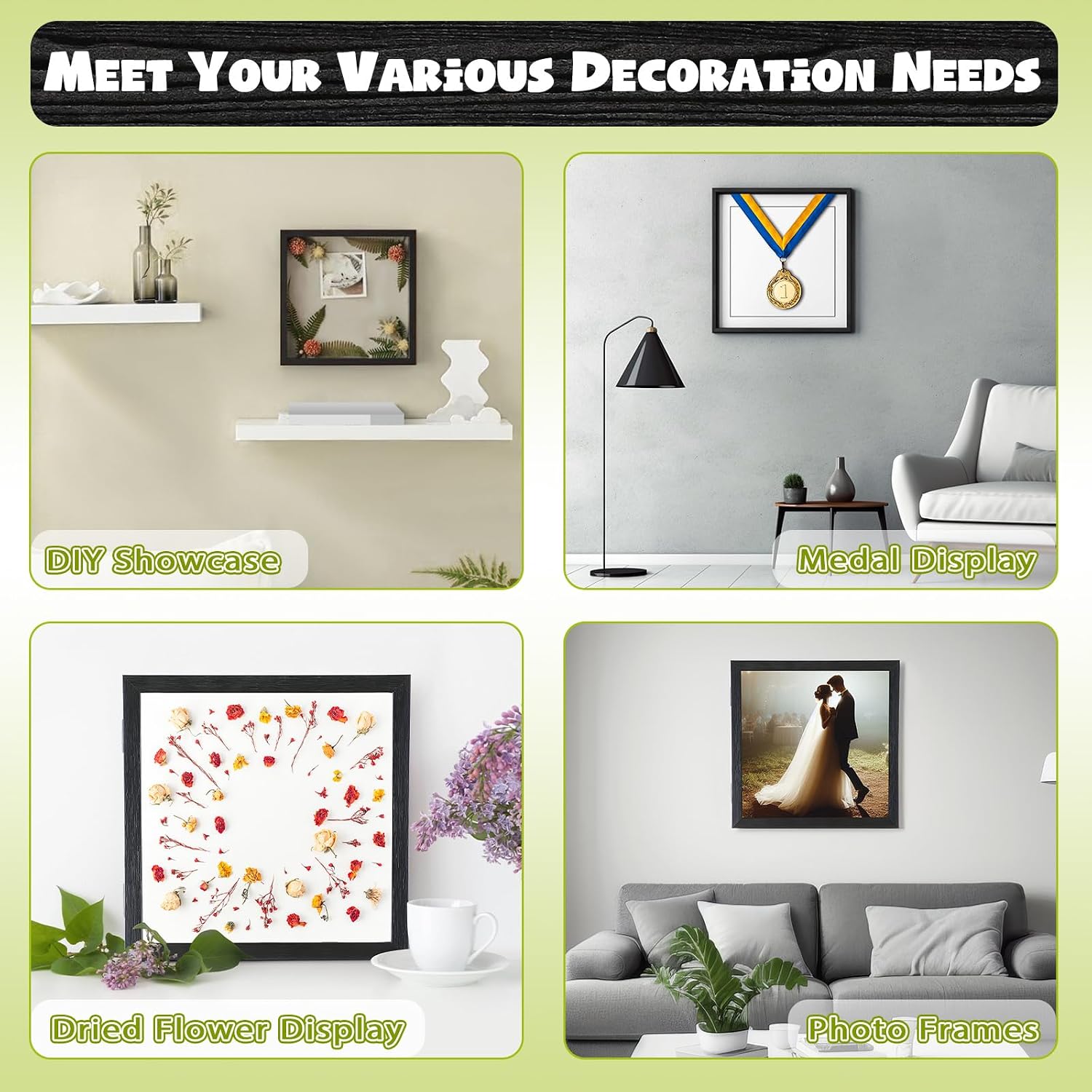 2PACK T Shirt Display Frame, 11.3" X 11.3" Black Imitation Wood Shadow Box | UV-Protective Acrylic, 1" Depth for