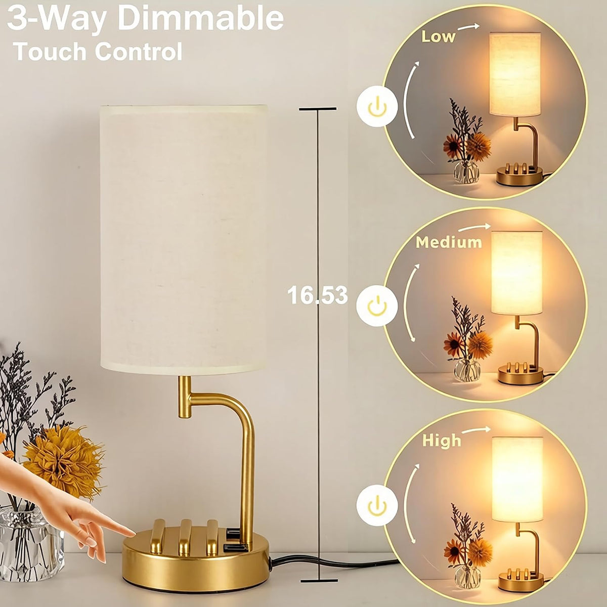 Dreamholder Touch Control USB Table Lamp with USB C/A & AC Outlet, 3-Way Dimmable Bedside Lamp, Modern Nightstand Lamps