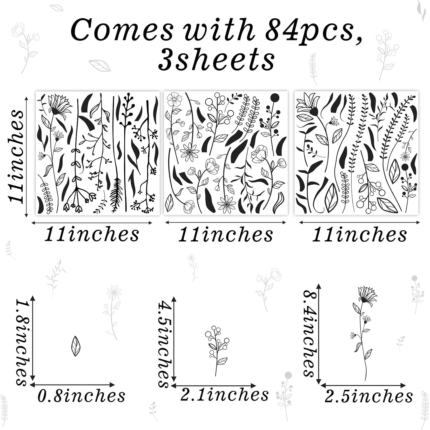 Floral Leaf Wall Decals Wildflower Wall Stickers Bouquet Botanical Plant Leaves Wall / Black
