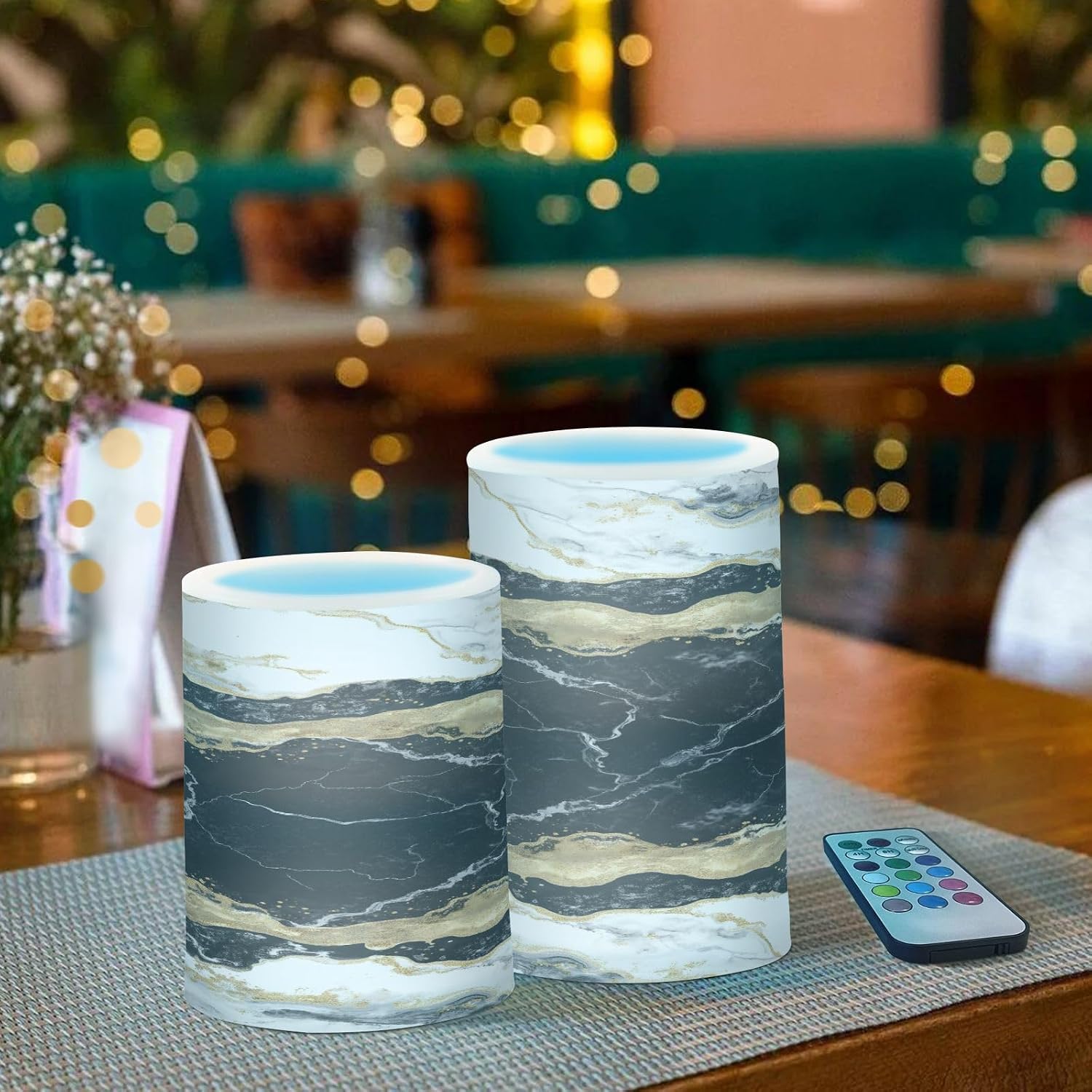 Flickering Flameless Candles, Black White Marble Gold Veins LED Candles with Remote Timer, Set of 2 Battery Operated