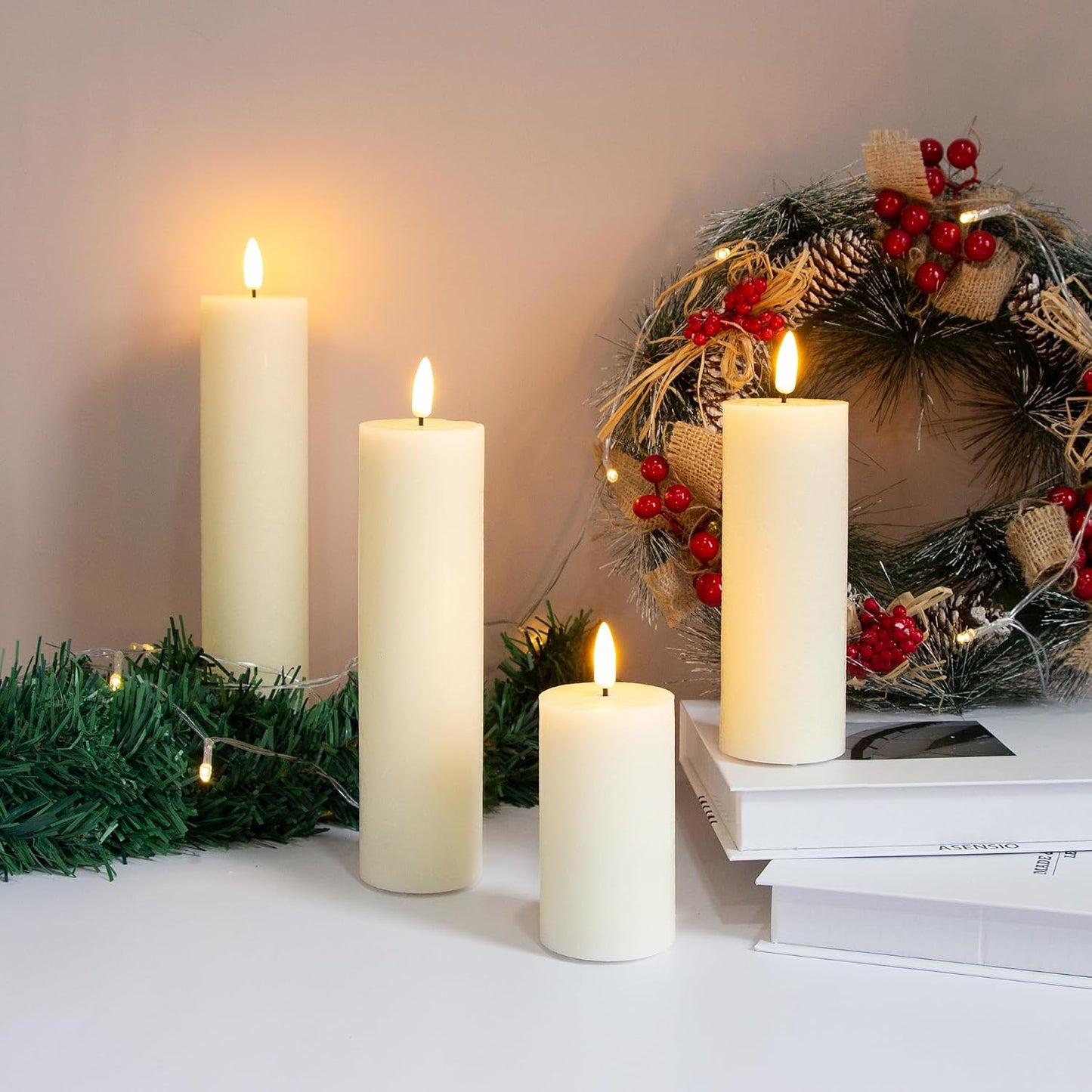 Flickering Flameless Pillar Candles with Remote Control and Cycle Timer,Ivory Pack of 4 Battery Operated(Powered by