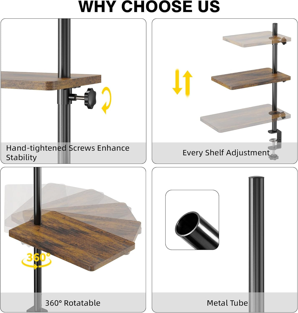 3 Tiers Clamp On Desk Shelf, 360° Angle Adjustable Desktop Shelf Organizer for Home Office Gaming Room, No Drill Desk