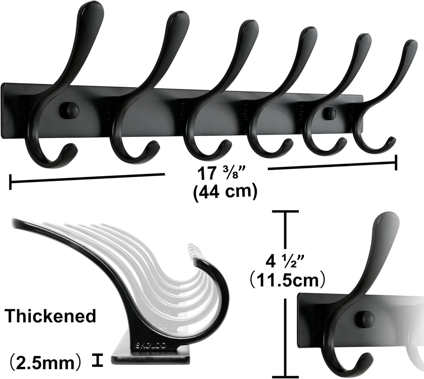 SKOLOO Heavy Duty Wall Mounted Coat Rack - 6 Hooks, Stainless Steel, Pack of 2, Sturdy Coat Hooks for Hanging Clothes