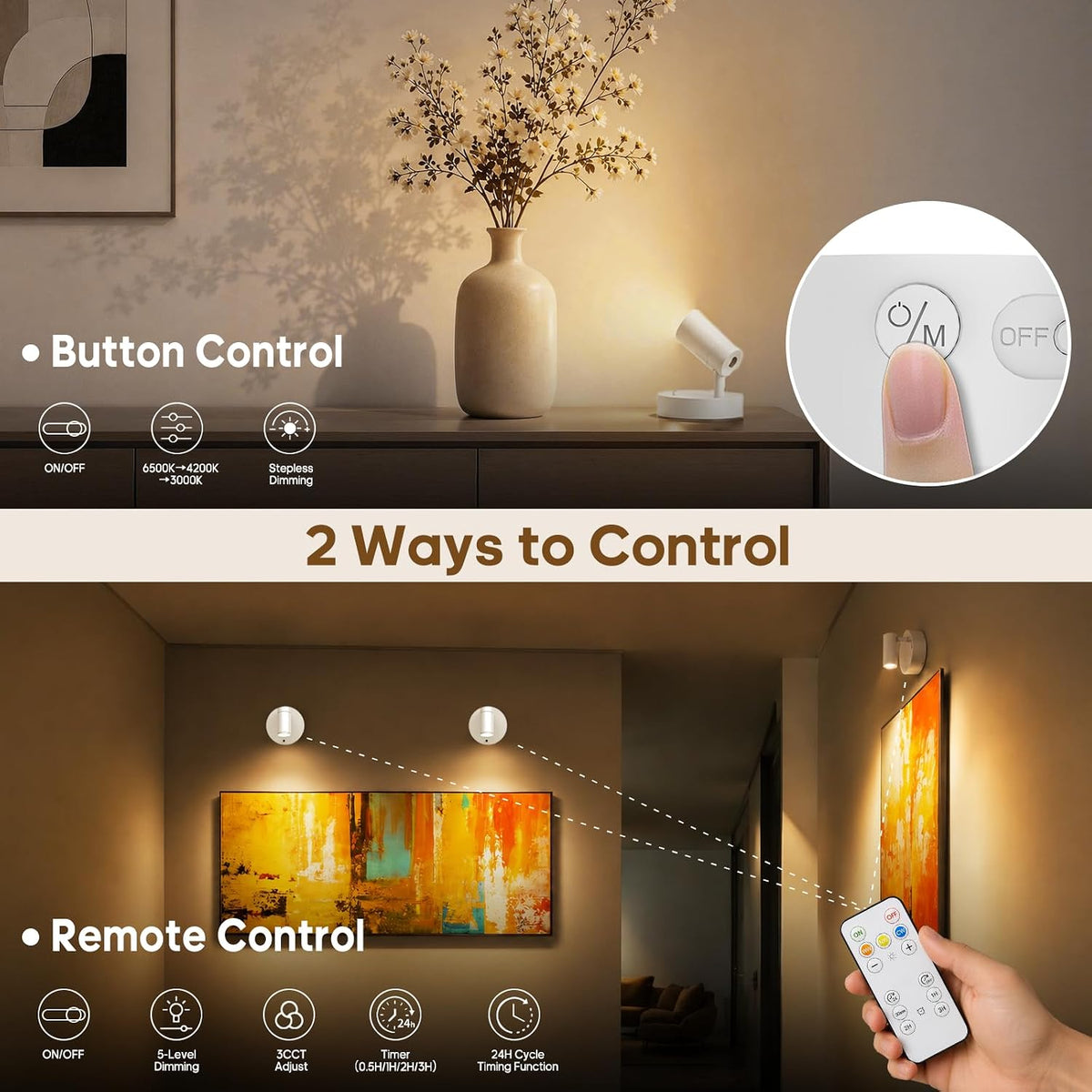 Spotlights Indoor with Remote, 5500Mah Rechargeable Picture Lights on Wall | Wireless Up Lights Indoor with 3 Colors &
