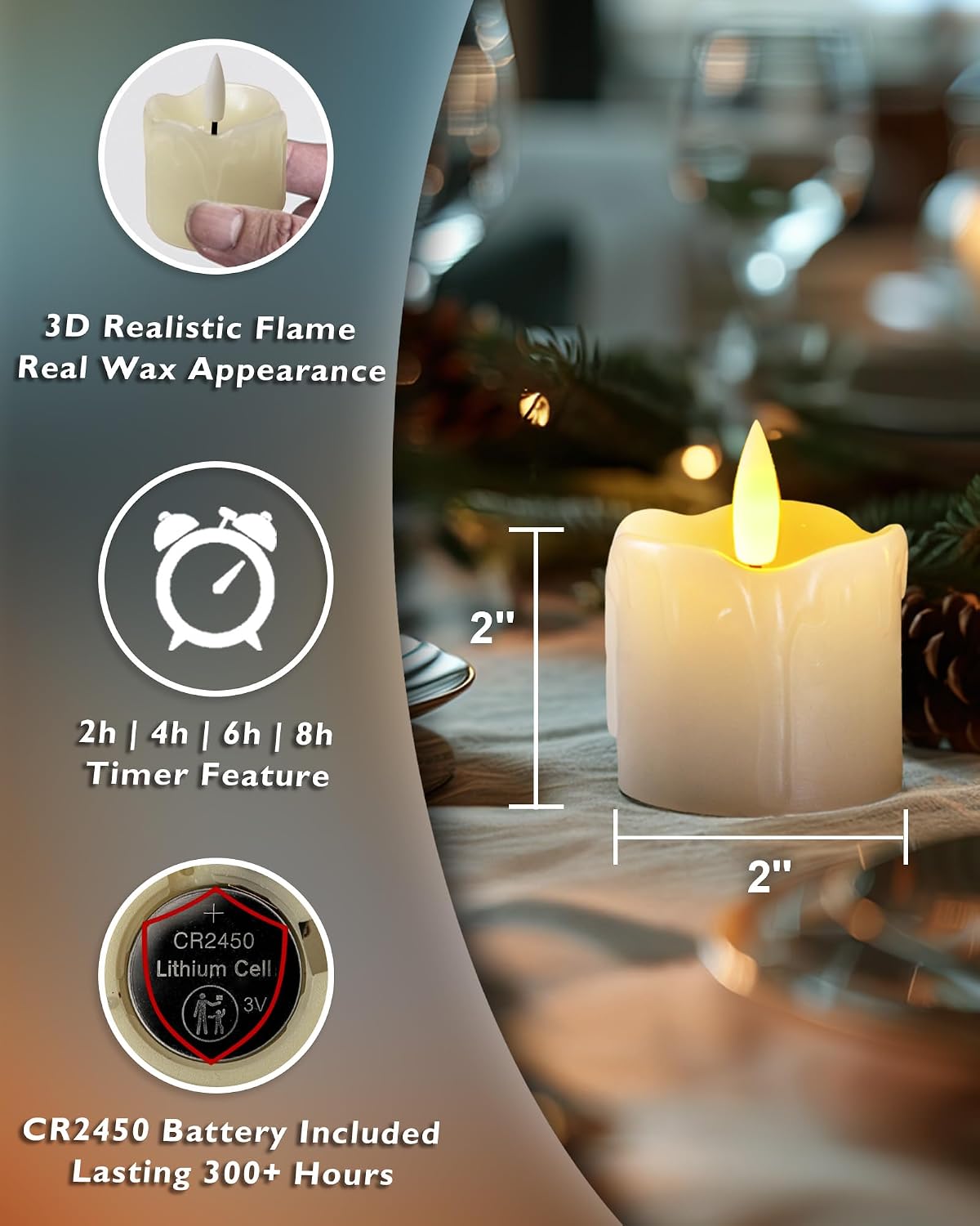 Homemory Flameless Votive Candles with Timer Remote, 2" x 2" Real Wax, 300+ Hour Realistic Black Wick Battery Operated