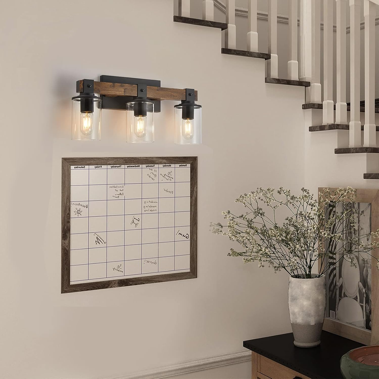 DUJAHMLAND Farmhouse Vanity Light Fixture,3-Light Bathroom Wood Wall Light Over Mirror with Clear Glass Shade, Rustic