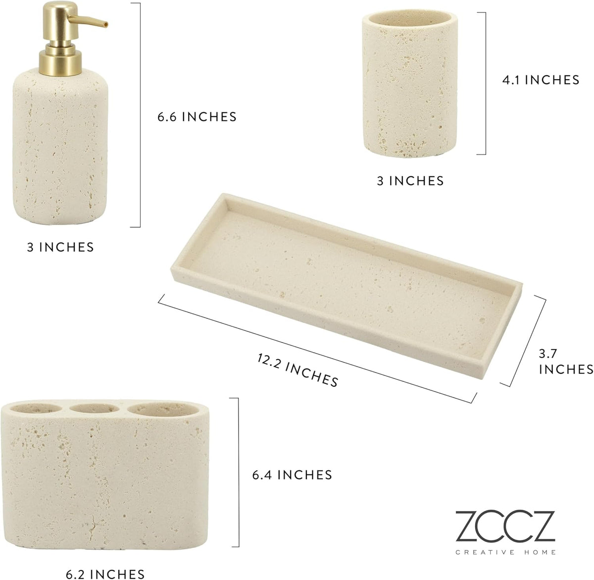 Beige Bathroom Accessories Set 4 Pcs - Toothbrush Holder, Soap Dispenser, Vanity Tray, Bathroom Tumbler - Countertop