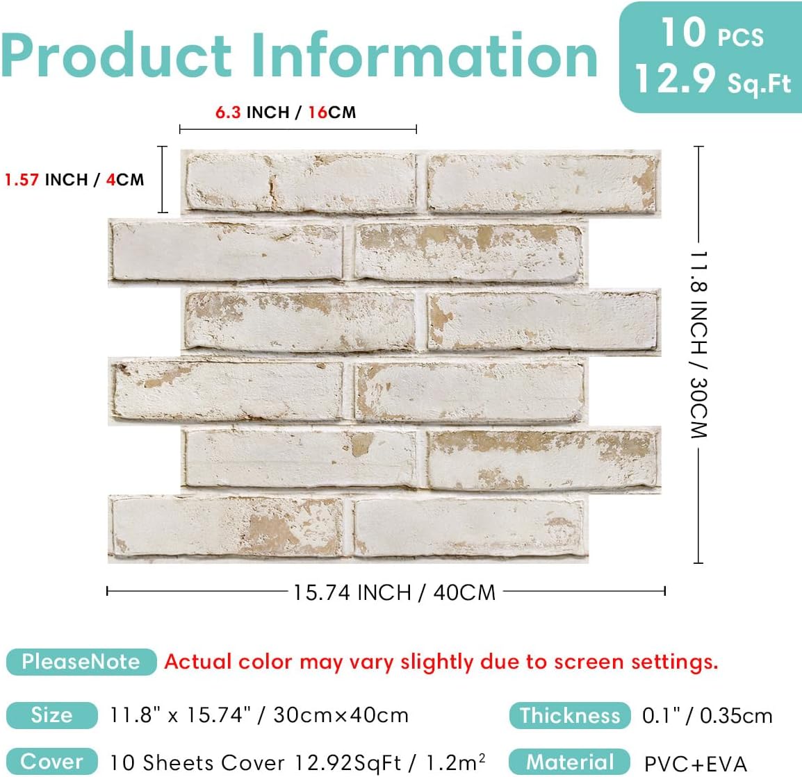 Commomy 3D Faux Brick Wall Panels - 10pcs 15.74" x 11.8" | Thin UrltraLight PVC Peel and Stick Brick Wall Covering for