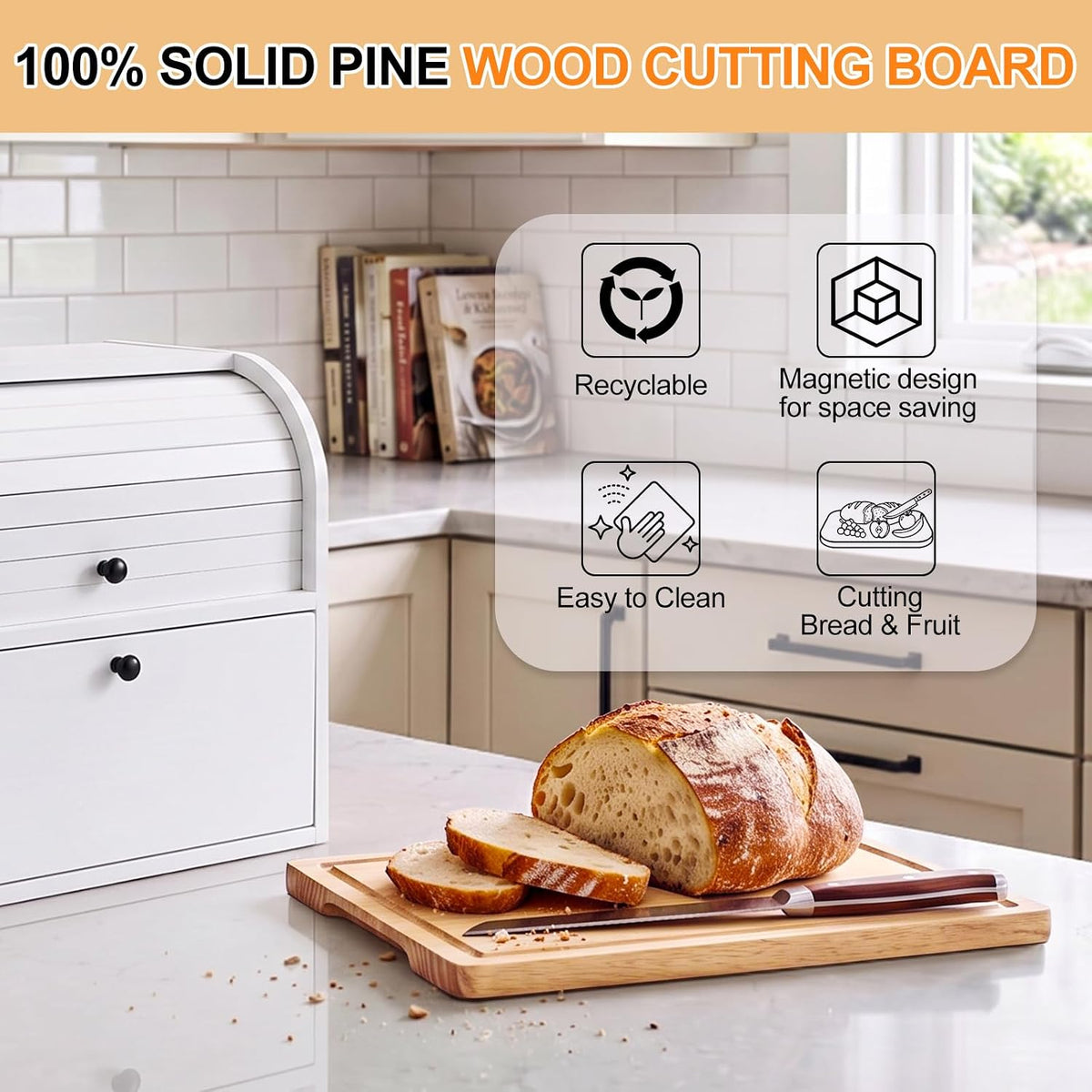 Alpeir Roll Top Bread Box with Cutting Board for Kitchen Countertop, White | Large Breadbox with Ventilation Holes