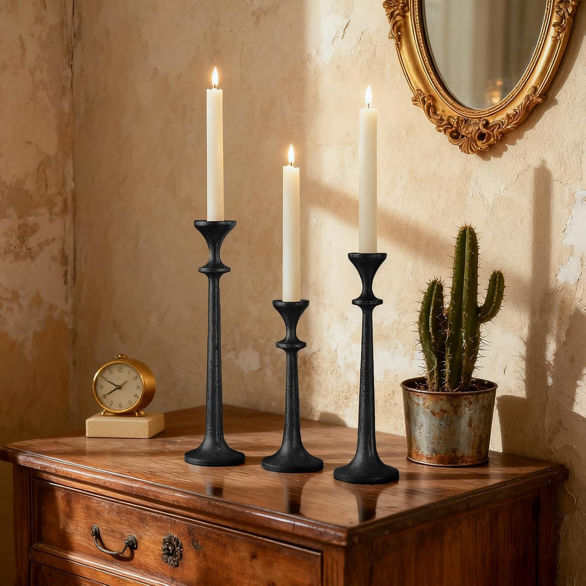 Black Taper Candle Holders Set of 3 Heavy Cast Iron Black Candlestick Holder for Table Centerpiece Modern Decorative