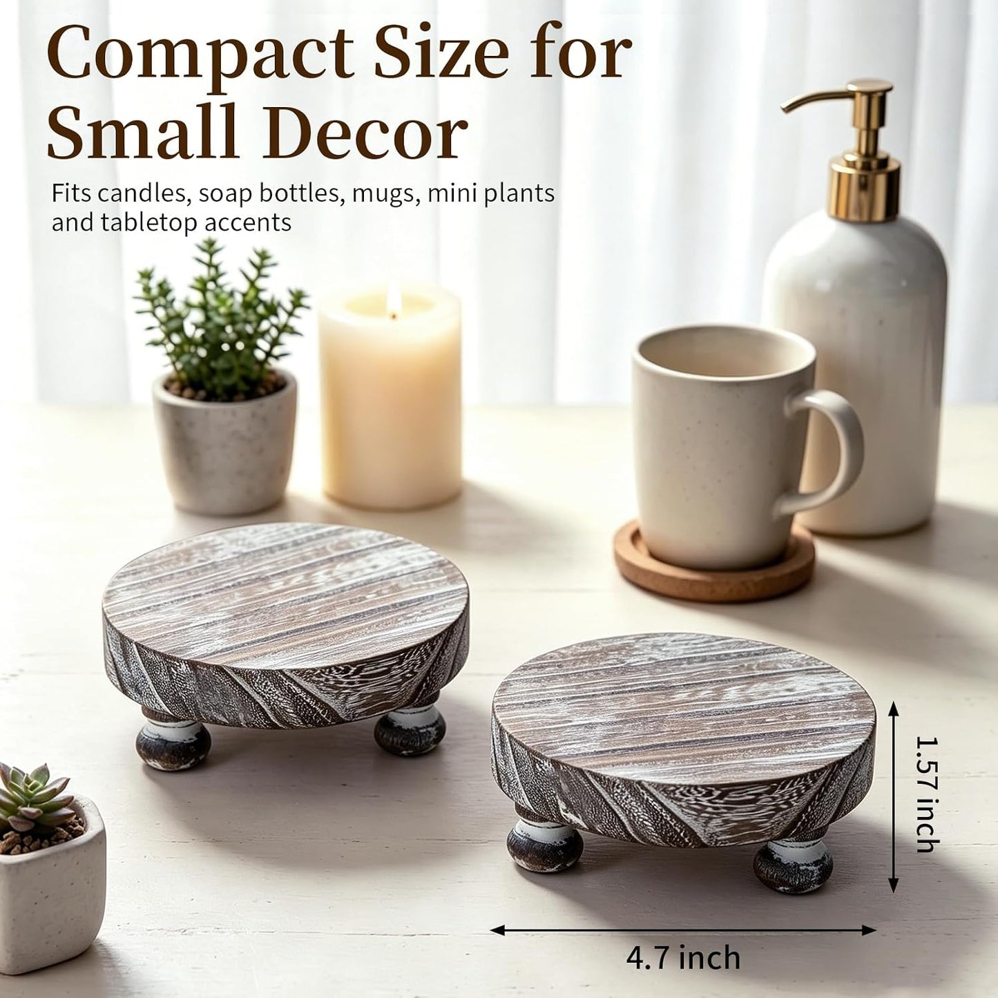 Rustic Decor Mini Wooden Pedestal Stand Decorative Round Tray / Whitewashed / Set of 2