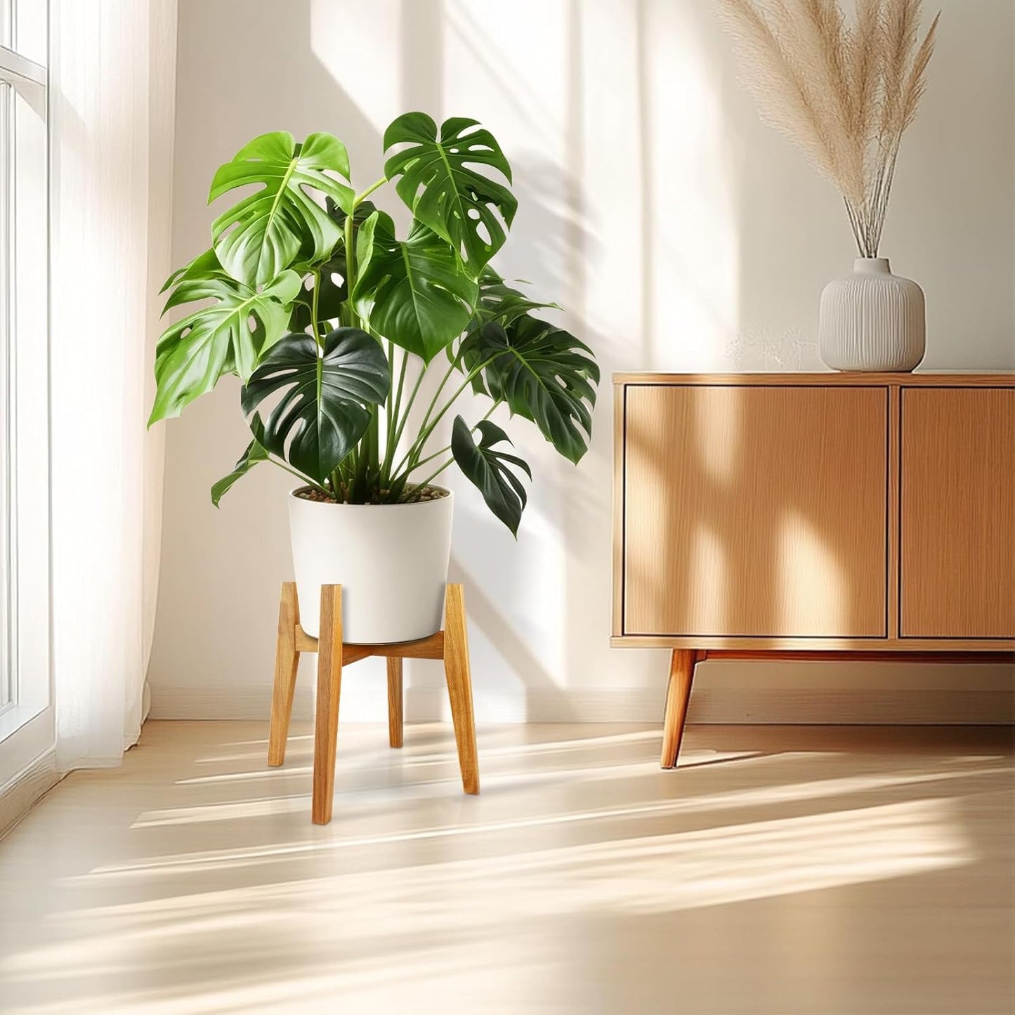 Wooden Plant Stand Indoor, Mid Century Planter Stand, Acacia Wood, 11 Inch | Furniture-grade acacia wood plant stand
