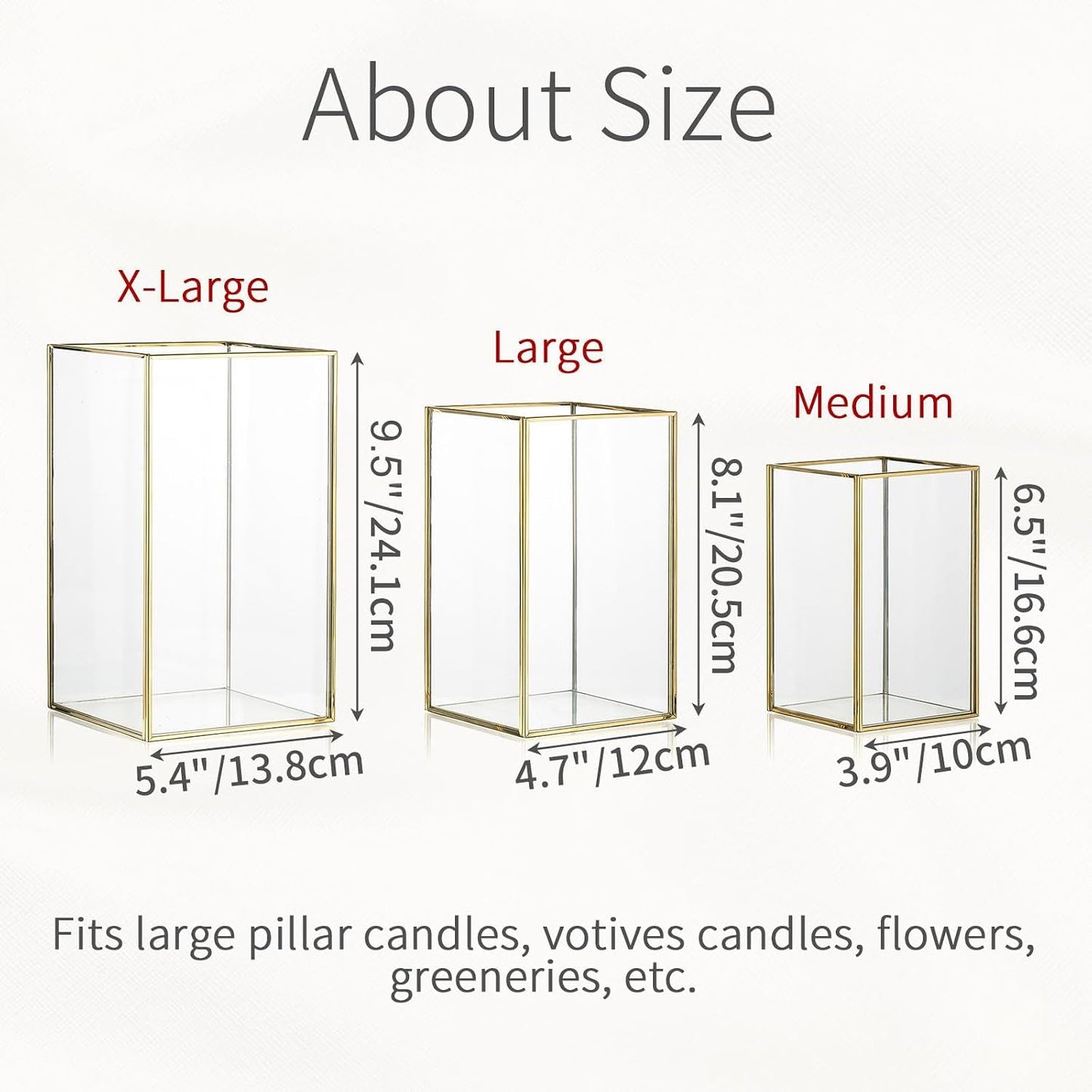 Hurricane Glass Candle Holder: Large Gold Lanterns Set of 3 | Geometric Design, 6.5/8.1/9.5 In Decorative Lanterns for