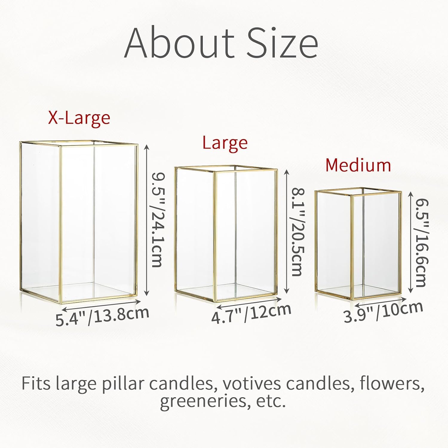 Hurricane Glass Candle Holder: Large Gold Lanterns Set of 3 | Geometric Design, 6.5/8.1/9.5 In Decorative Lanterns for